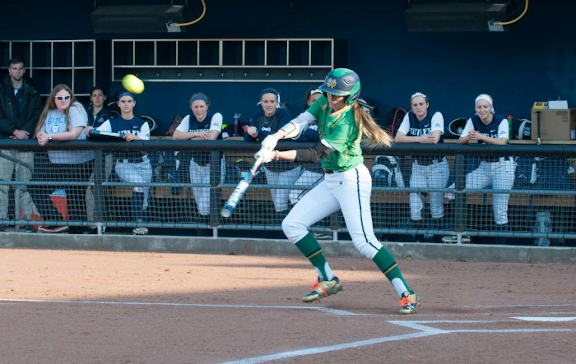 Irish junior center fielder Karley Wester connects with the pitch during Notre Dame’s 5-0 win over Butler on Thursday. Wester had three hits, an RBI and a run scored in Sunday’s 5-3 win over Virginia Tech.