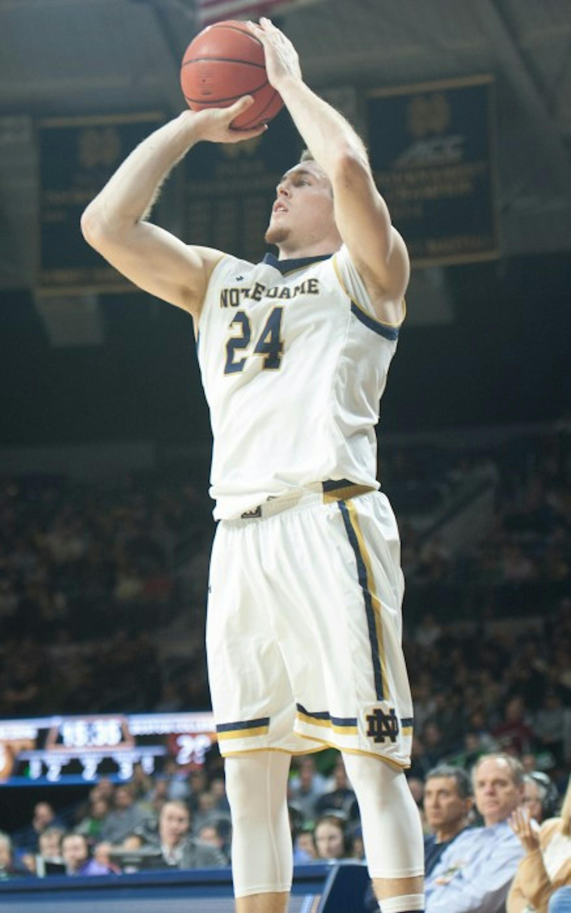 Notre Dame senior Pat Connaughton sets up to shoot  during a 71-63 win over Boston College on Feb. 4 at Purcell Pavilion.