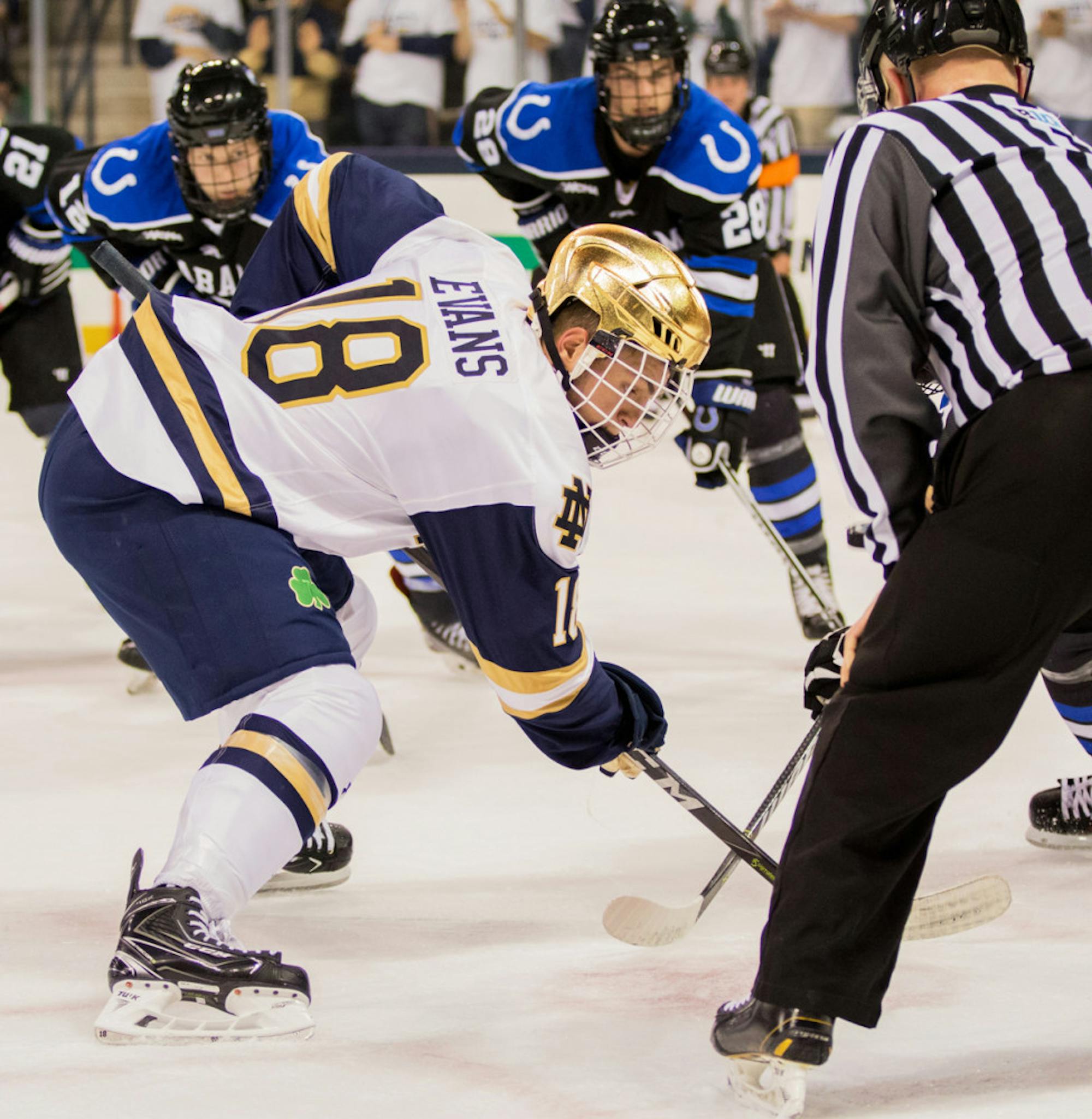 Irish senior forward Jake Evans prepares for the puck to drop during a faceoff in Notre Dame’s 5-3 win over Alabama-Huntsville on Friday.