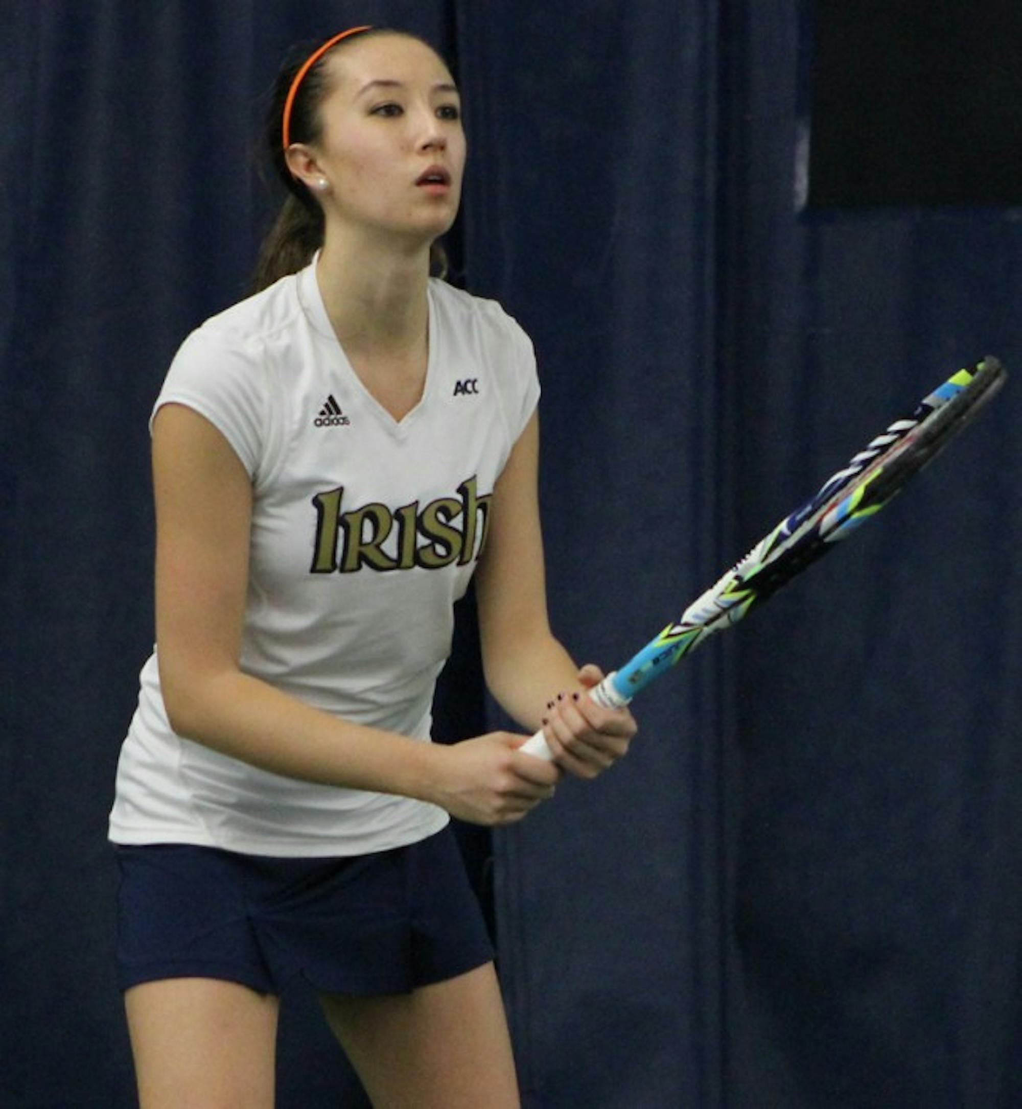 Sophomore Julie Vrabel keeps her eye on the ball during a match against Indiana at Eck Tennis Pavilion on Feb. 2.