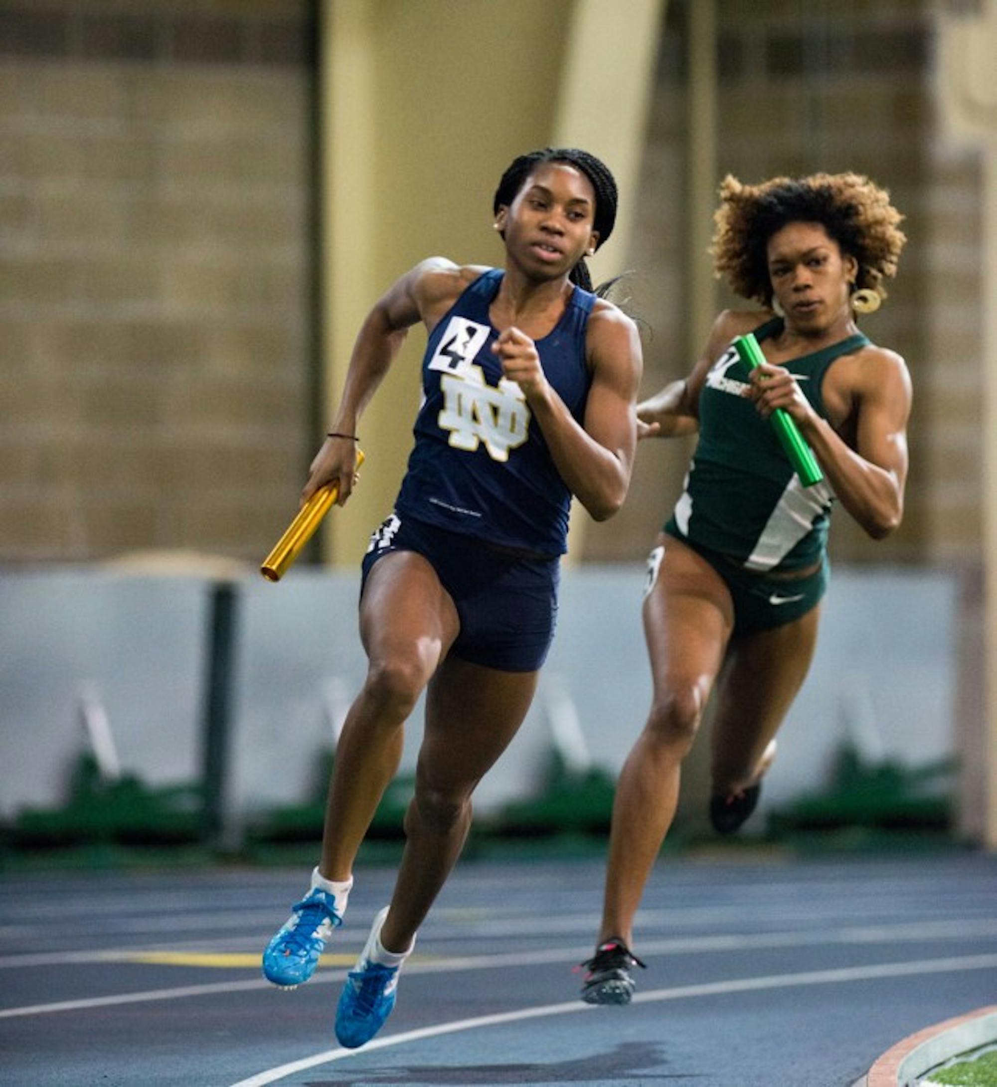 Junior sprinter Margaret Bamgbose competes in a relay during the Notre Dame Invitational at Loftus Sports Center on Jan. 24.