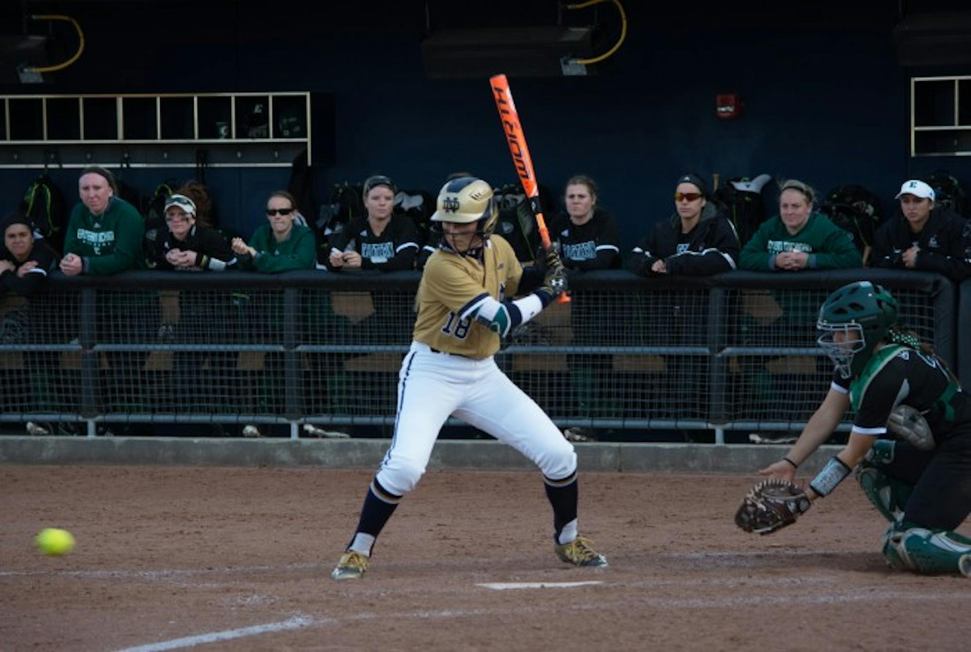 Sophomore left fielder Bailey Bigler awaits a pitch during a 10-2 win over Eastern Michigan on March 22 at Melissa Cook Stadium.