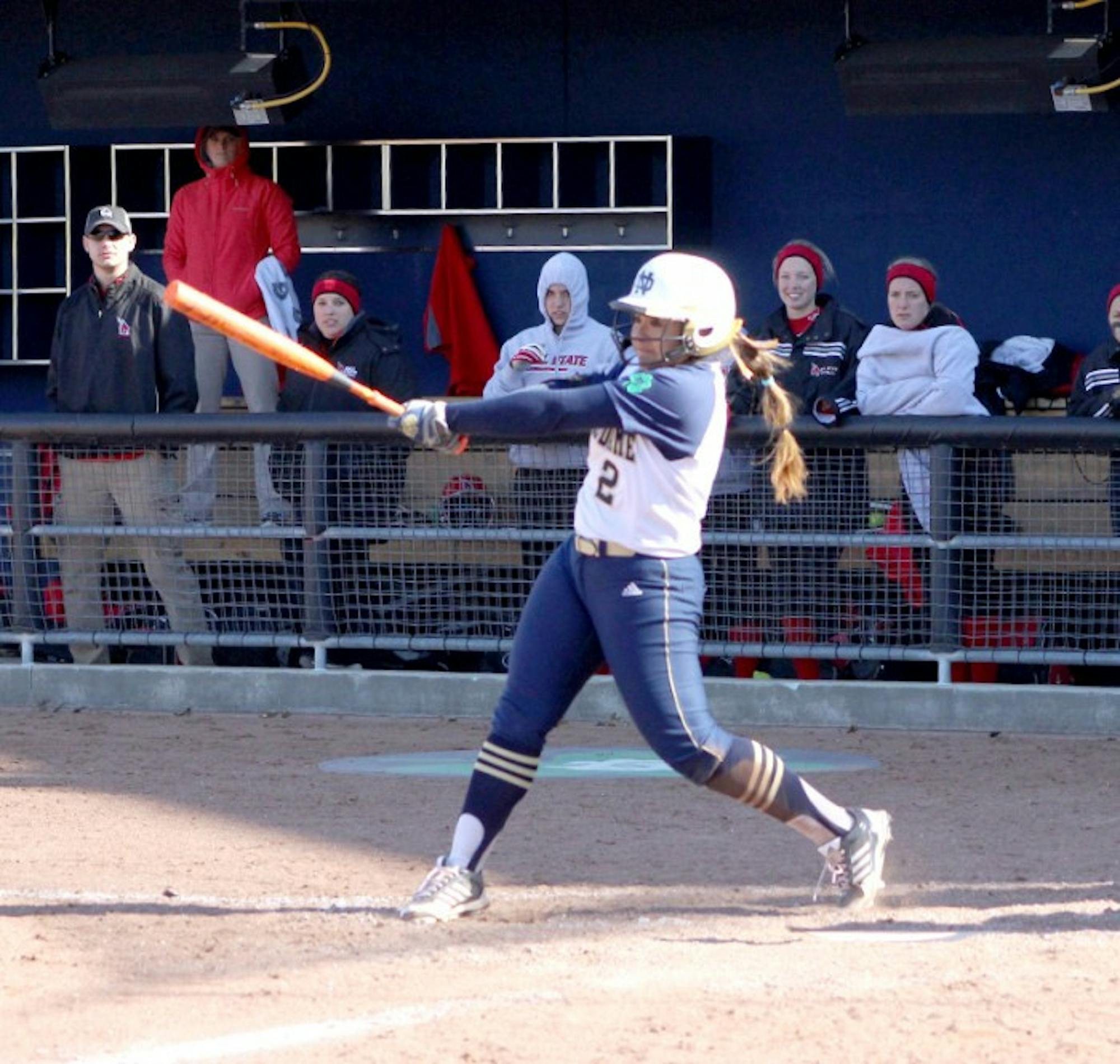 Irish sophomore Michaela Arezmendi takes a swing during a game against Ball State on April 2.