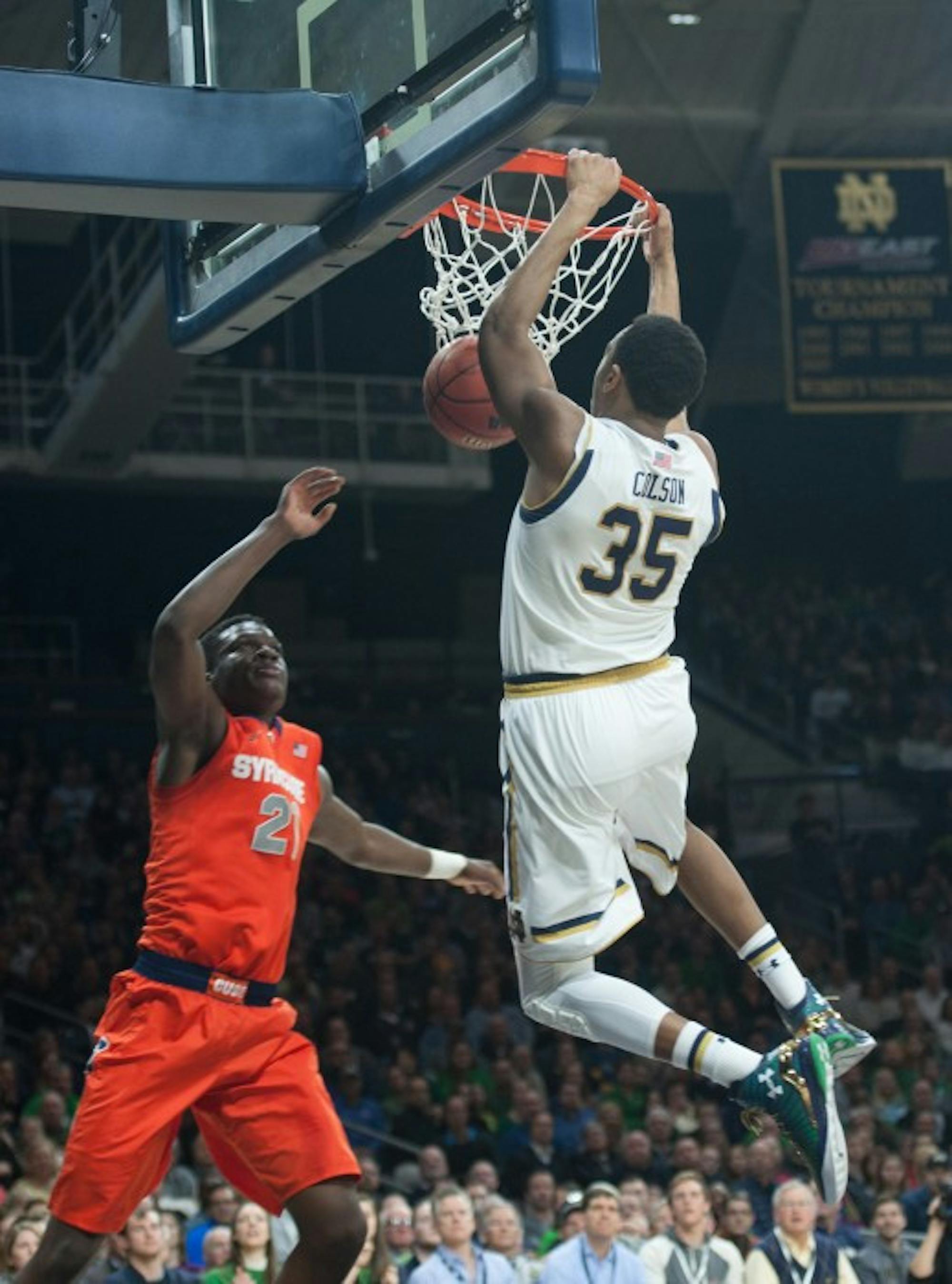 Freshman forward Bonzie Colson dunks the ball during Notre Dame’s 65-60 loss to Syracuse on Feb. 24 at Purcell Pavilion.