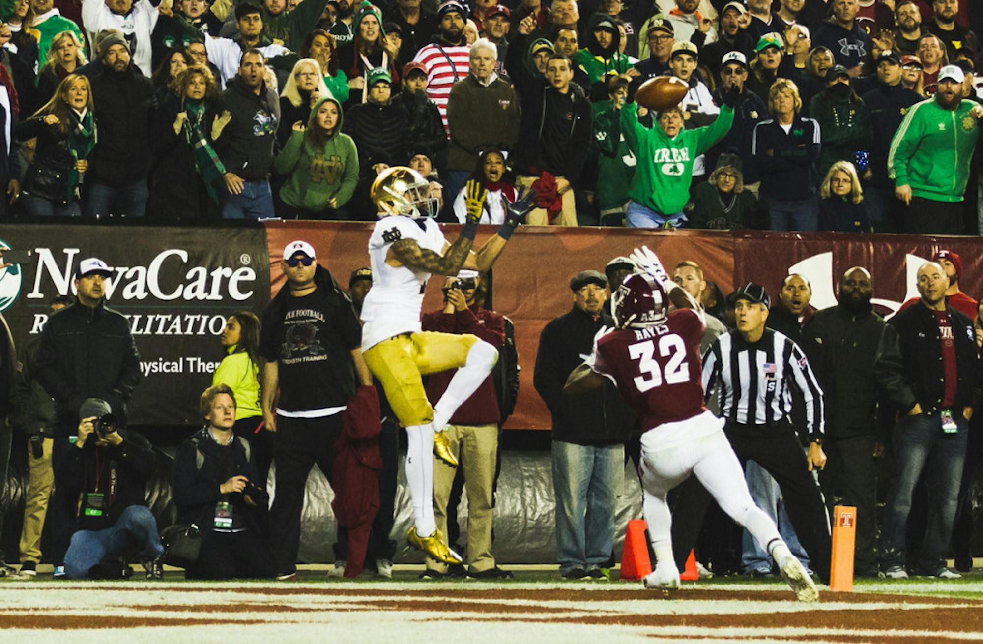 Irish junior receiver Will Fuller jumps to catch the game-winning touchdown pass with 2:09 left in Notre Dame’s 24-20 win over Temple on Oct. 31.