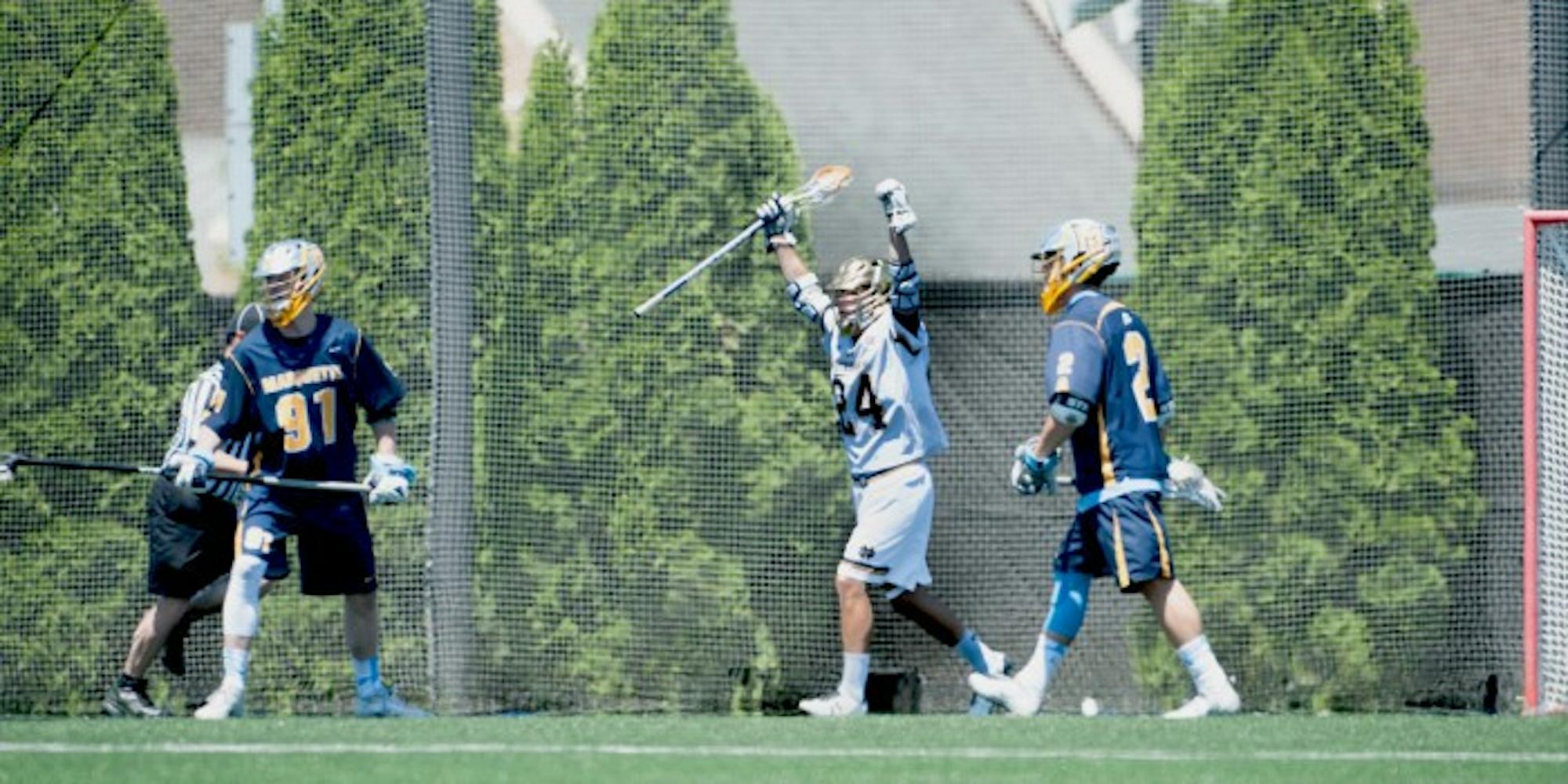Irish junior attack Mikey Wynne celebrates an Irish goal in Notre Dame’s 15-9 win over Marquette in the first round of the NCAA tournament on May 14 at Arlotta Stadium. Wynne leads the team in goals.