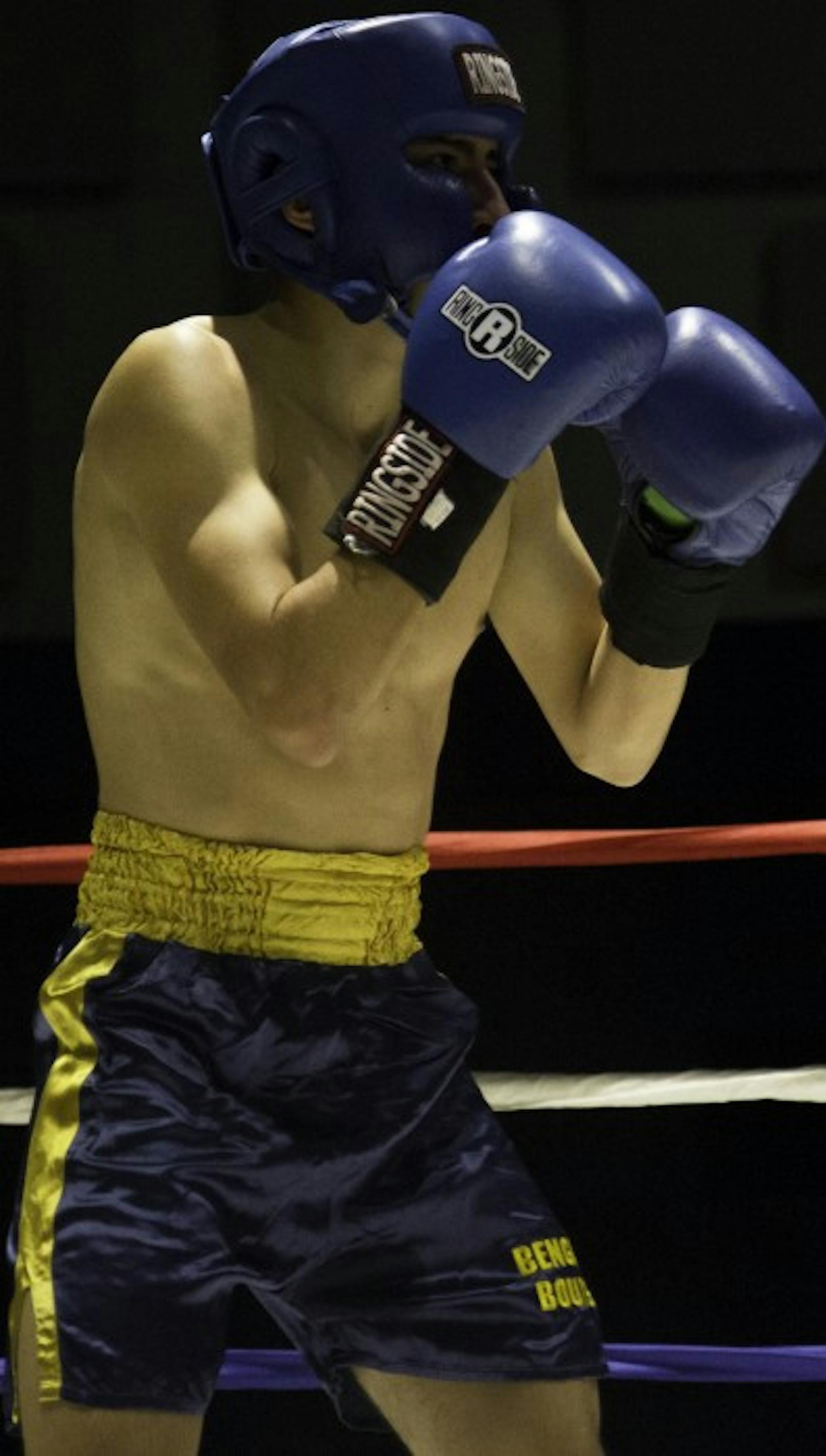 Sophomore Daniel Garcia readies himself during his fight Tuesday at the 87th annual Bengal Bouts tournament at the JACC.