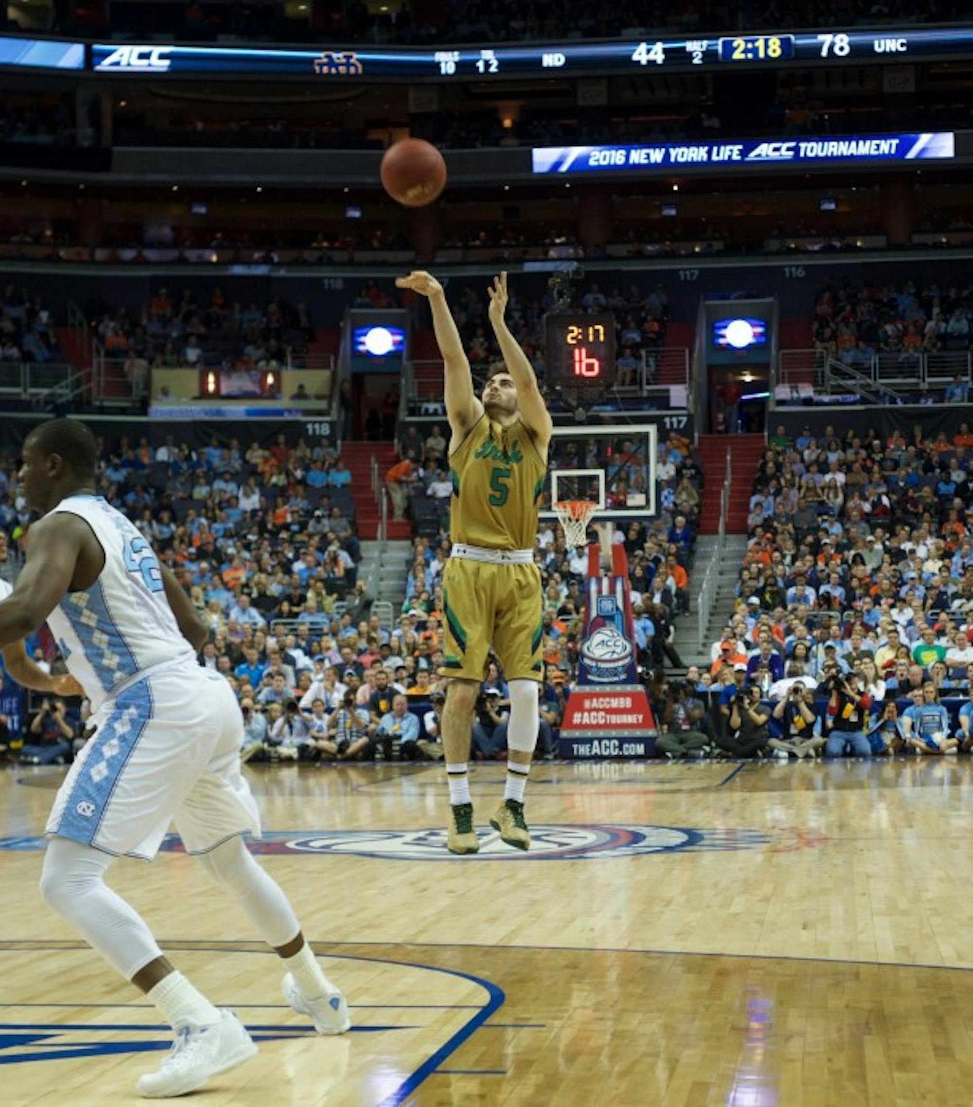 Sophomore guard Matt Farrell, who has started every game this NCAA tournament, takes a 3-pointer during Notre Dame’s 78-47 loss against North Carolina on March 11.