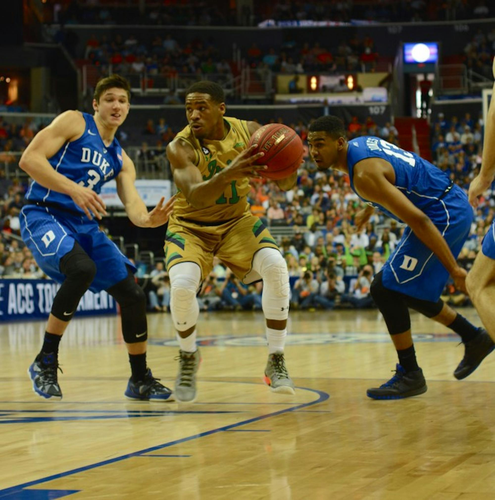 Irish junior guard Demetrius Jackson looks to drive during Notre Dame’s overtime win over Duke on Thursday in the ACC tournament.
