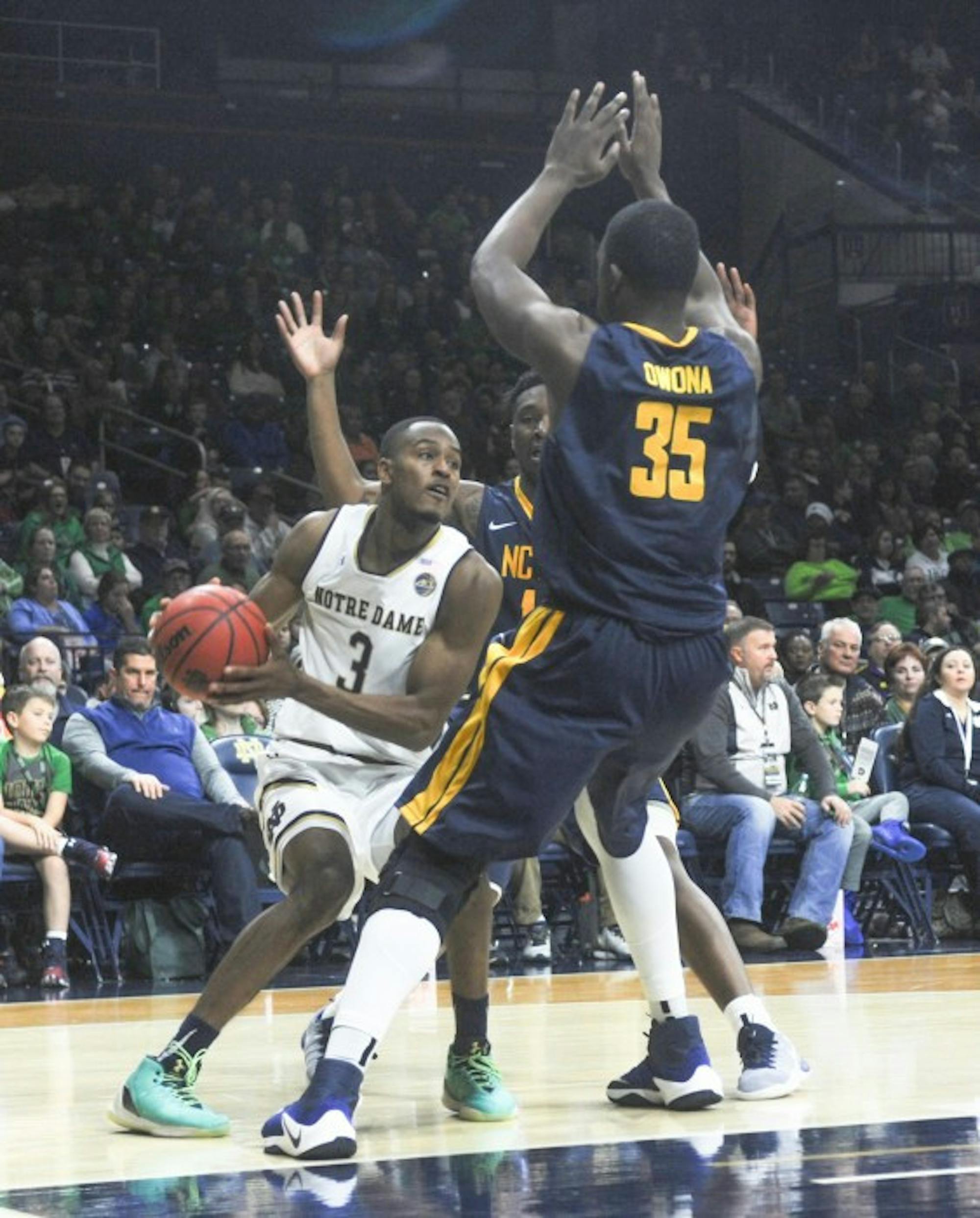 Irish senior forward and captain V.J. Beachem looks to escape a baseline trap during Notre Dame’s 107-53 win over North Carolina A&T on Sunday at Purcell Pavilion. Beachem had 19 points in the win.