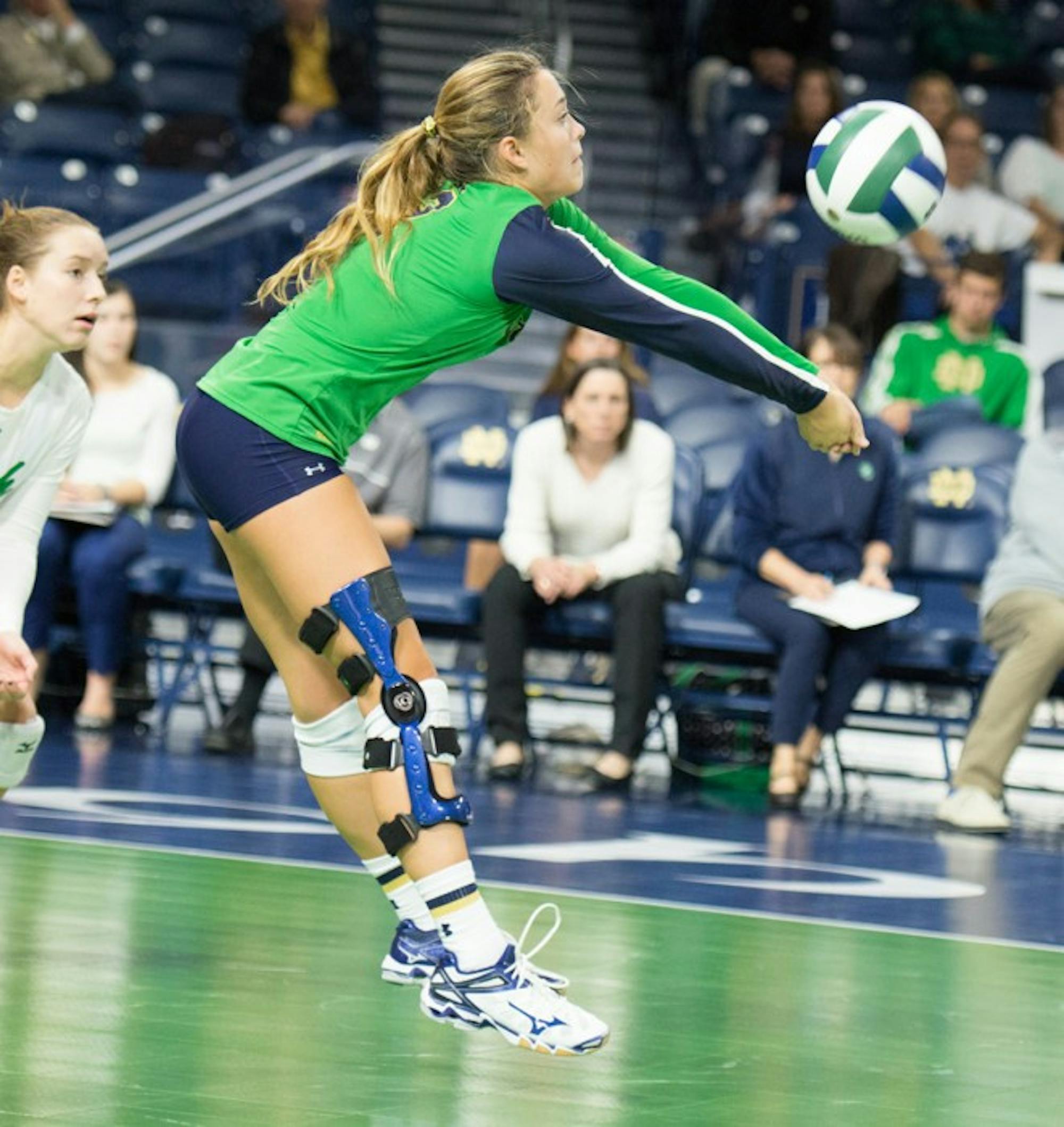 Freshman libero Natalie Johnson bumps the ball in Notre Dame’s 3-1 win against Northeastern on Saturday at Purcell Pavilion.