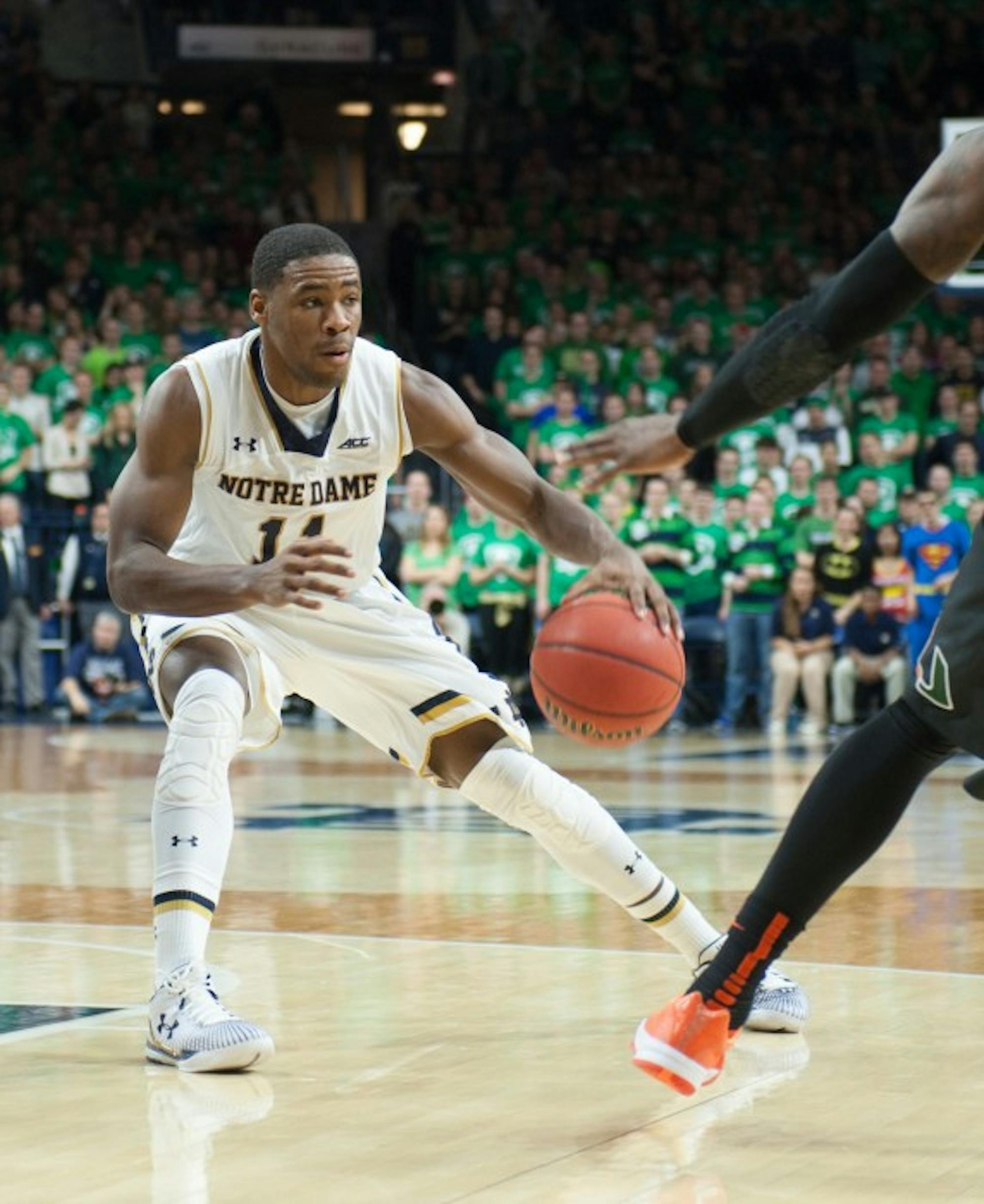 Irish sophomore guard Demetrius Jackson fakes out a defender in Notre Dame’s 75-70 win over Miami on Jan. 17 at Purcell Pavilion.