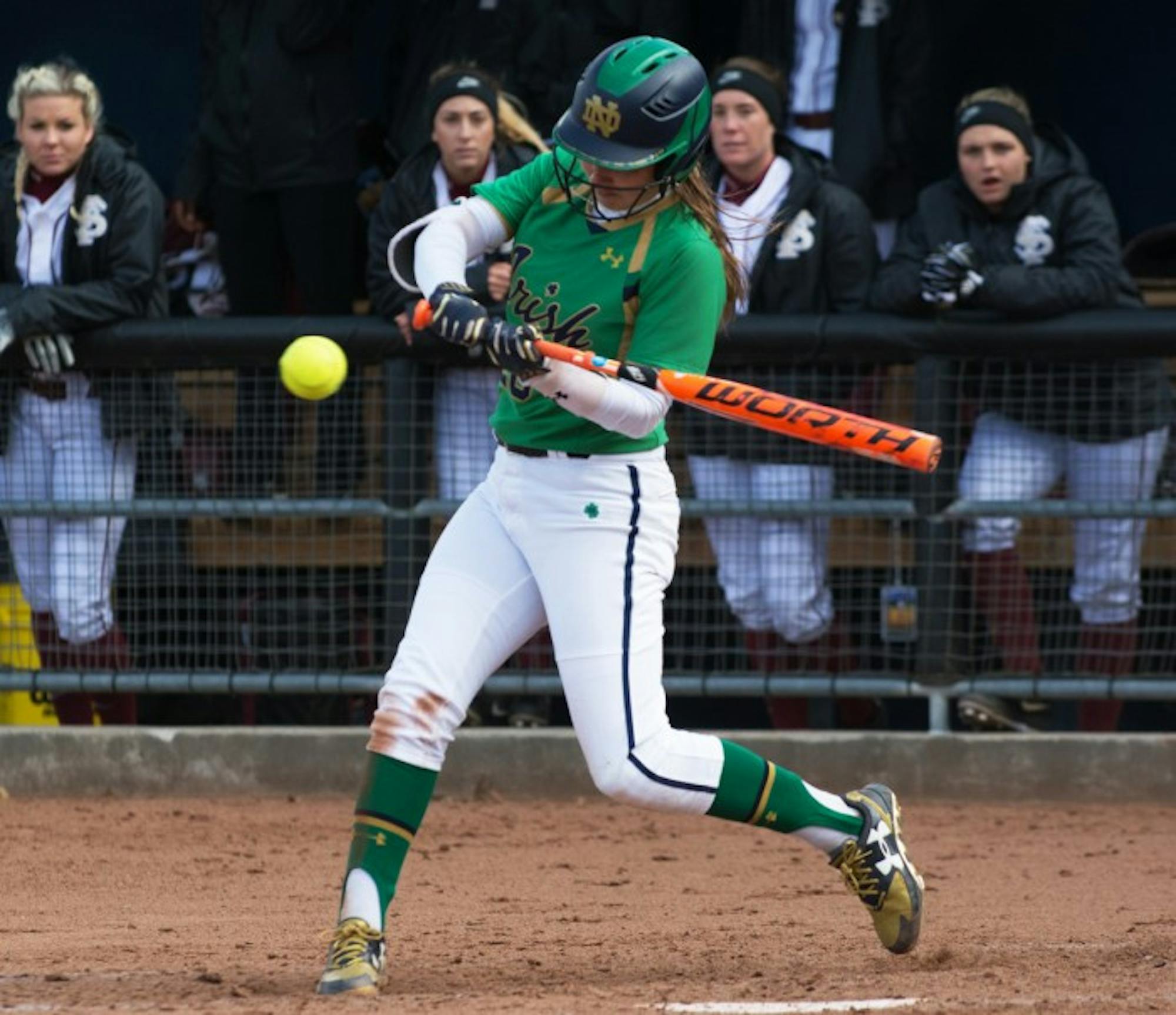 Sophomore shortstop Morgan Reed swings at a pitch during Notre Dame’s 5-4 victory over Florida State on Sunday afternoon.