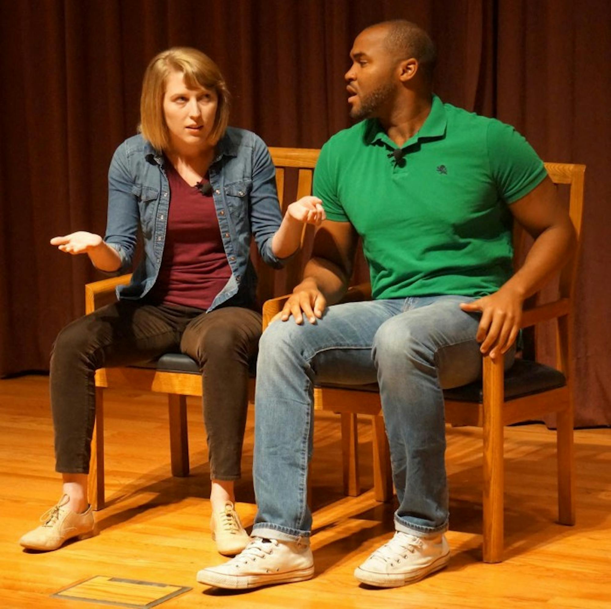 Catharsis Production actors Phillip Sheridan and Anne Dufault use humor to start discussions about sexual assault around campus.