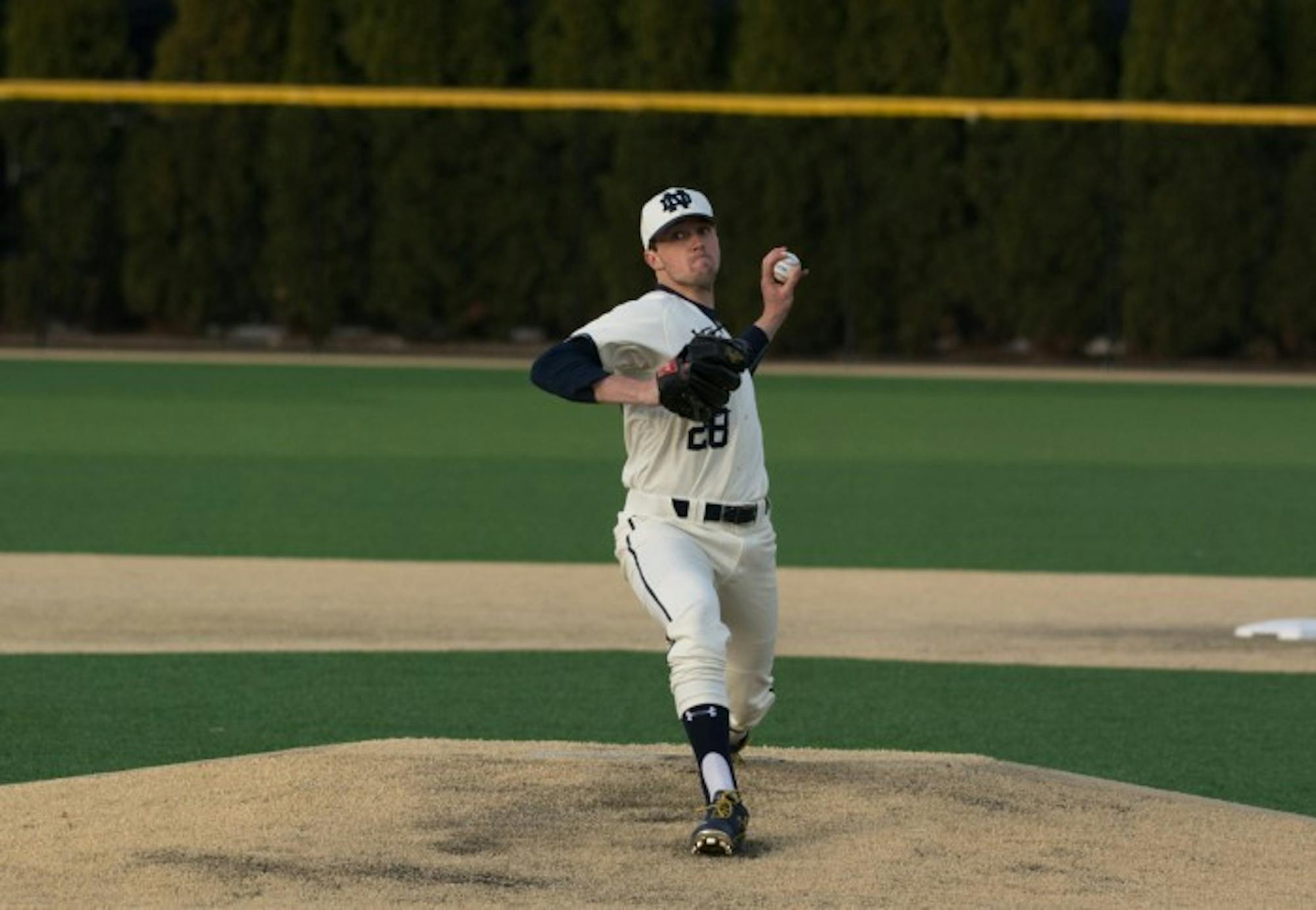 Irish senior starter Michael Hearne pitches during Notre Dame’s 9-5 victory over UIC on March 22 at Frank Eck Stadium.