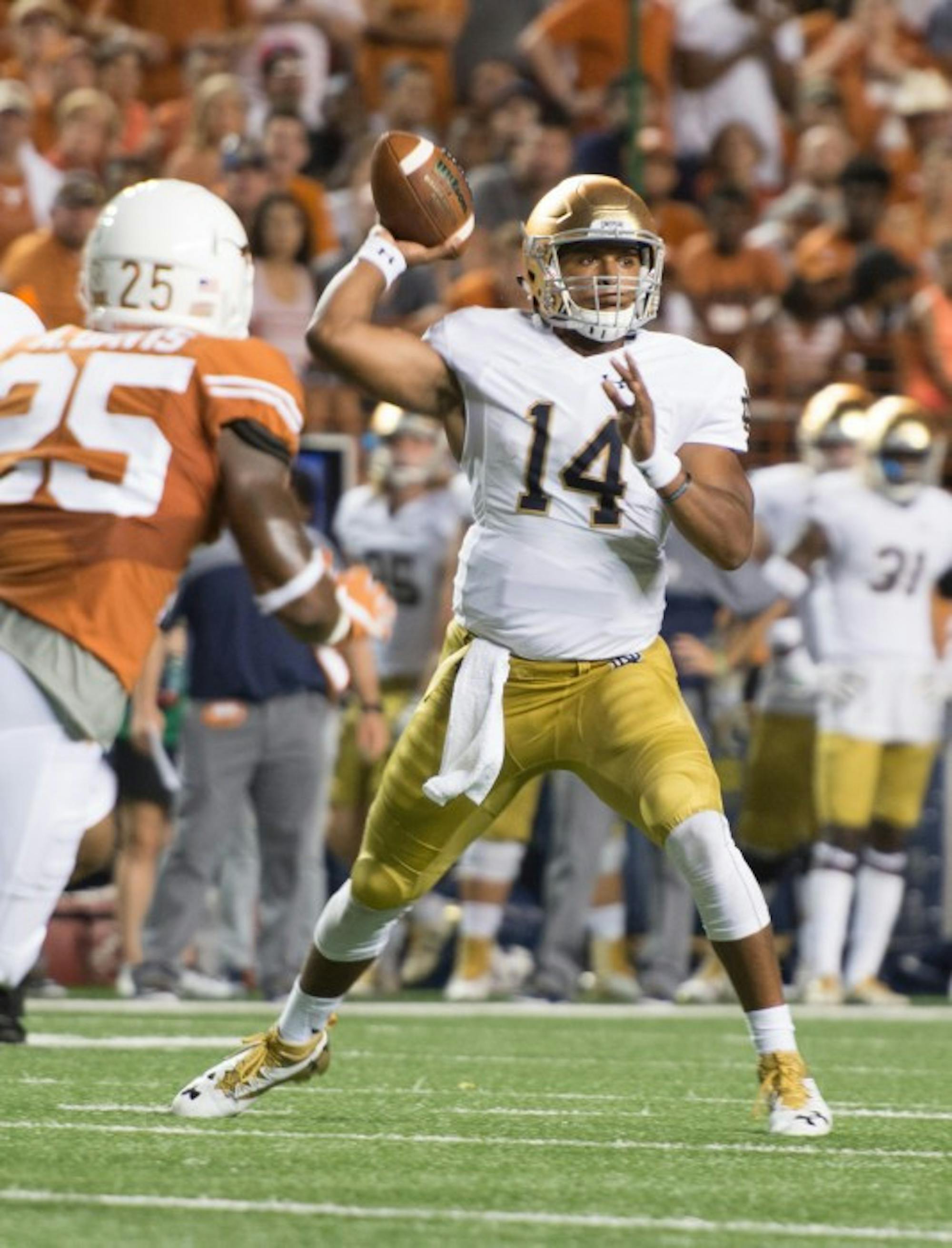 Irish junior DeShone Kizer drops back to pass in Notre Dame's loss to Texas Sunday. Kizer will be the starter for the Nevada game.