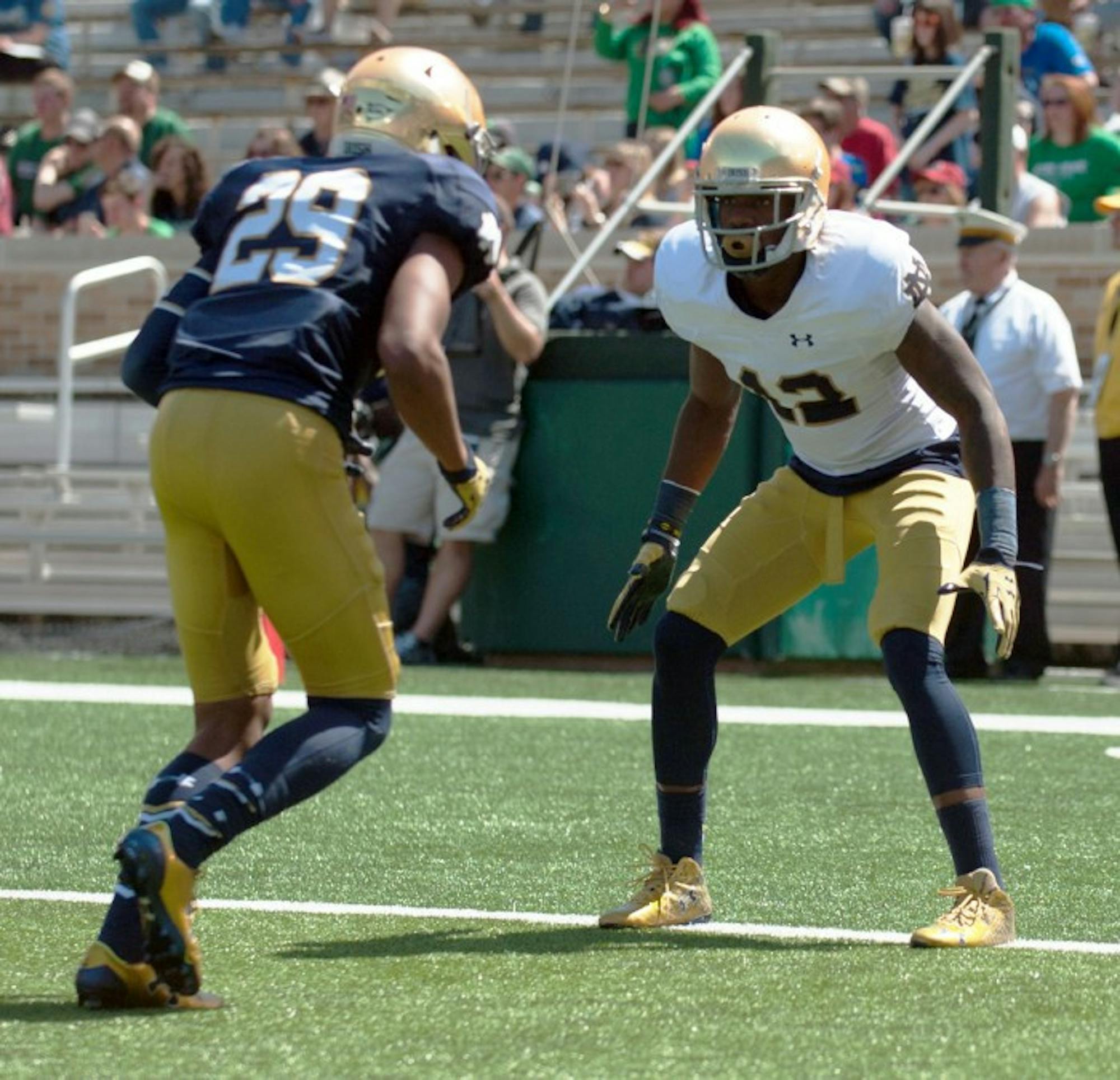 Irish senior Devin Butler lines up before a play during Notre Dame's Blue Gold Game on April 16 at Notre Dame Stadium. Butler has been indefinitely dismissed from the team.
