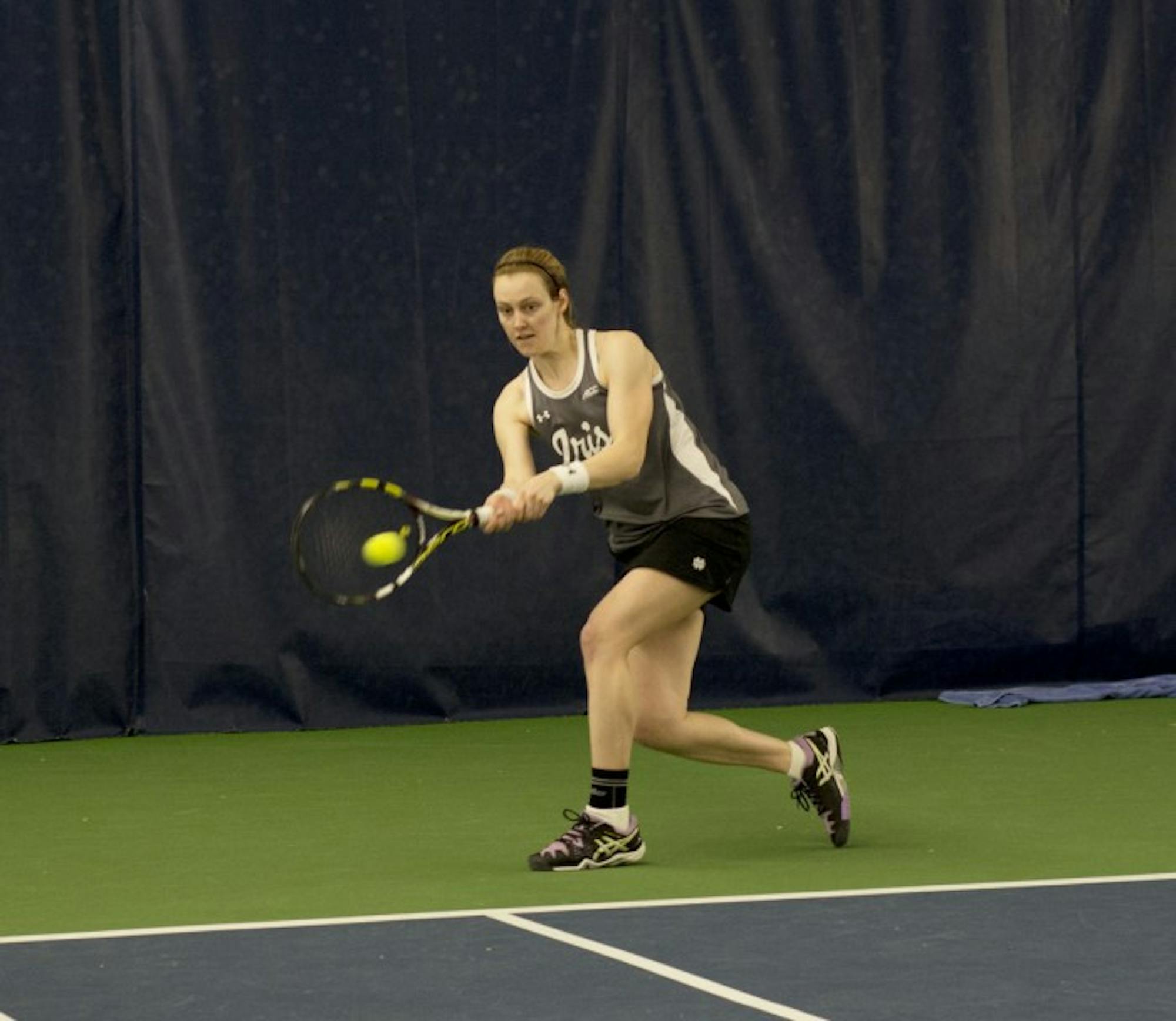 Irish sophomore Brooke Broda connects on a backhand during Notre Dame's 6-1 win over Indiana on Feb. 20 at Eck Tennis Pavilion.