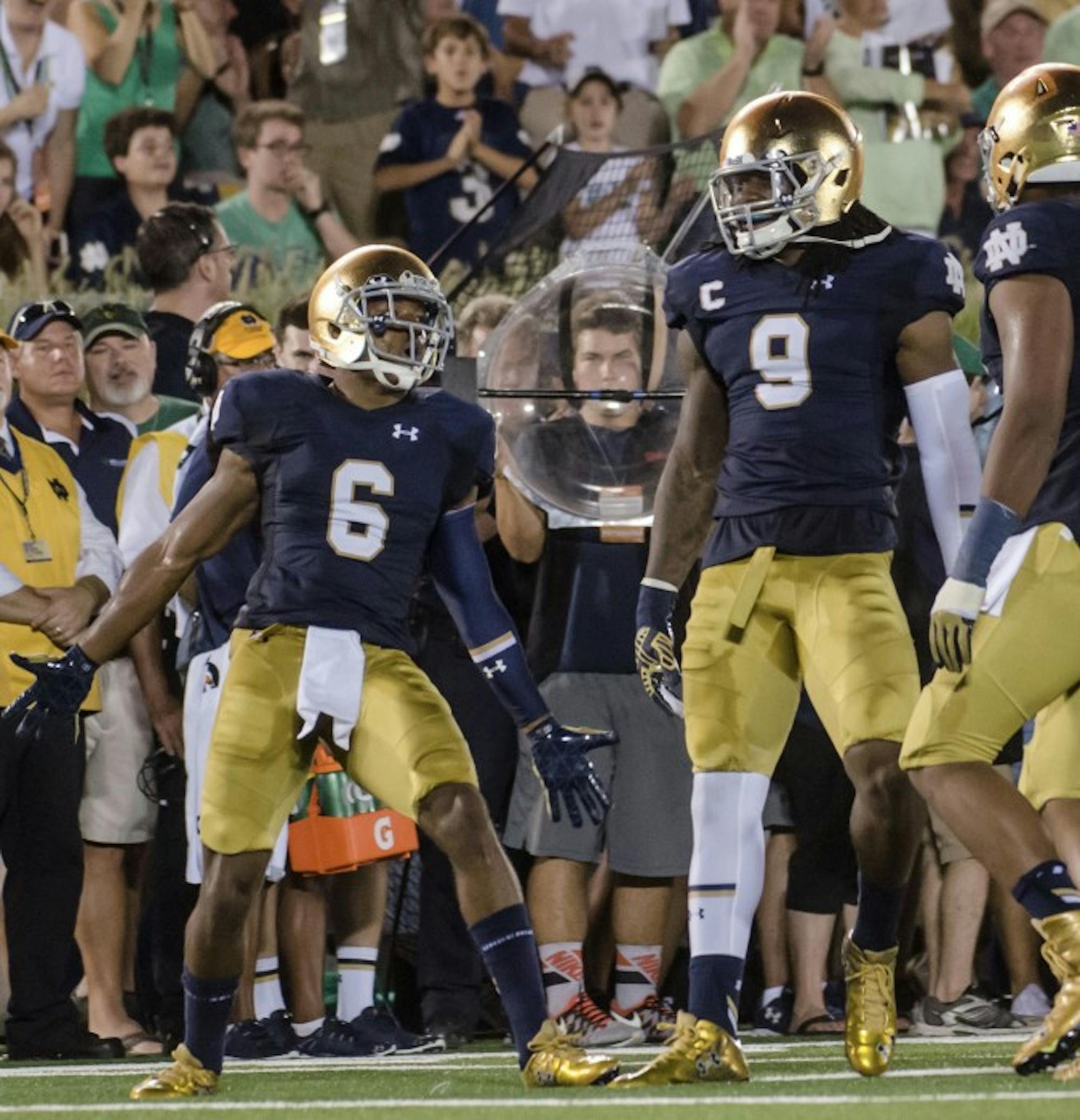 Former Irish cornerback KeiVarae Russell celebrates a third-down stop during Notre Dame's 38-3 win over Texas on Sept. 5 at Notre Dame Stadium. Russell was the fifth Irish player to be drafted in the 2016 NFL Draft.