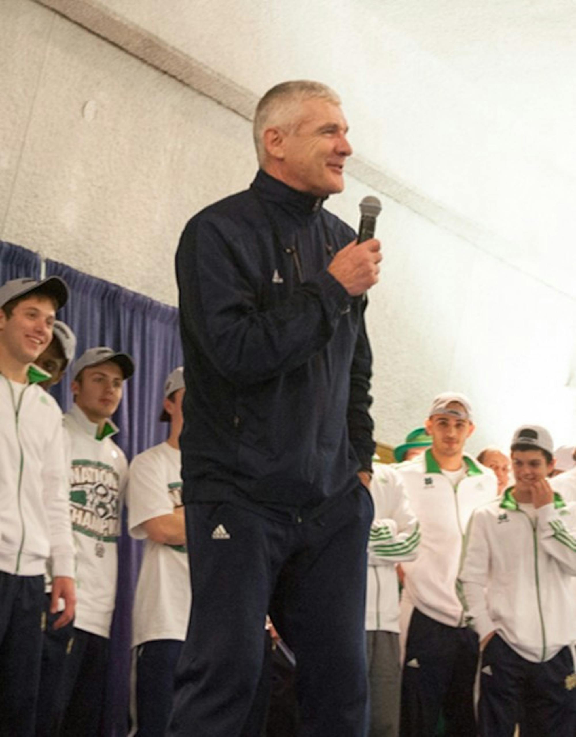 Irish coach Bobby Clark addresses the crowd during Notre Dame’s national championship celebration on Dec. 15.