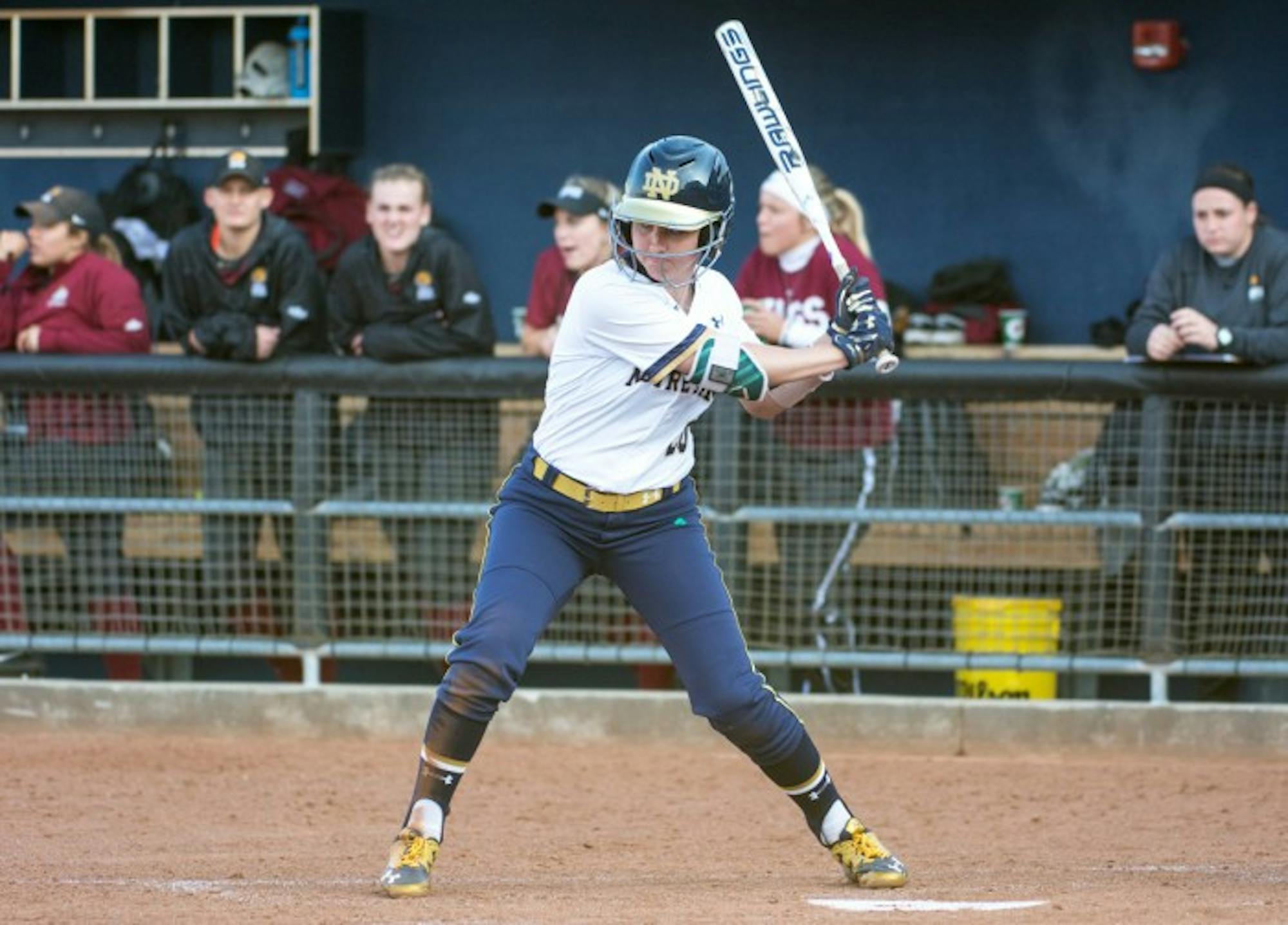 Irish junior shortstop Morgan Reed awaits an incoming pitch during Notre Dame’s 13-4 win over IUPUI on April 12 at Melissa Cook Stadium. Reed leads the Irish with a .400 batting average and 39 RBIs.