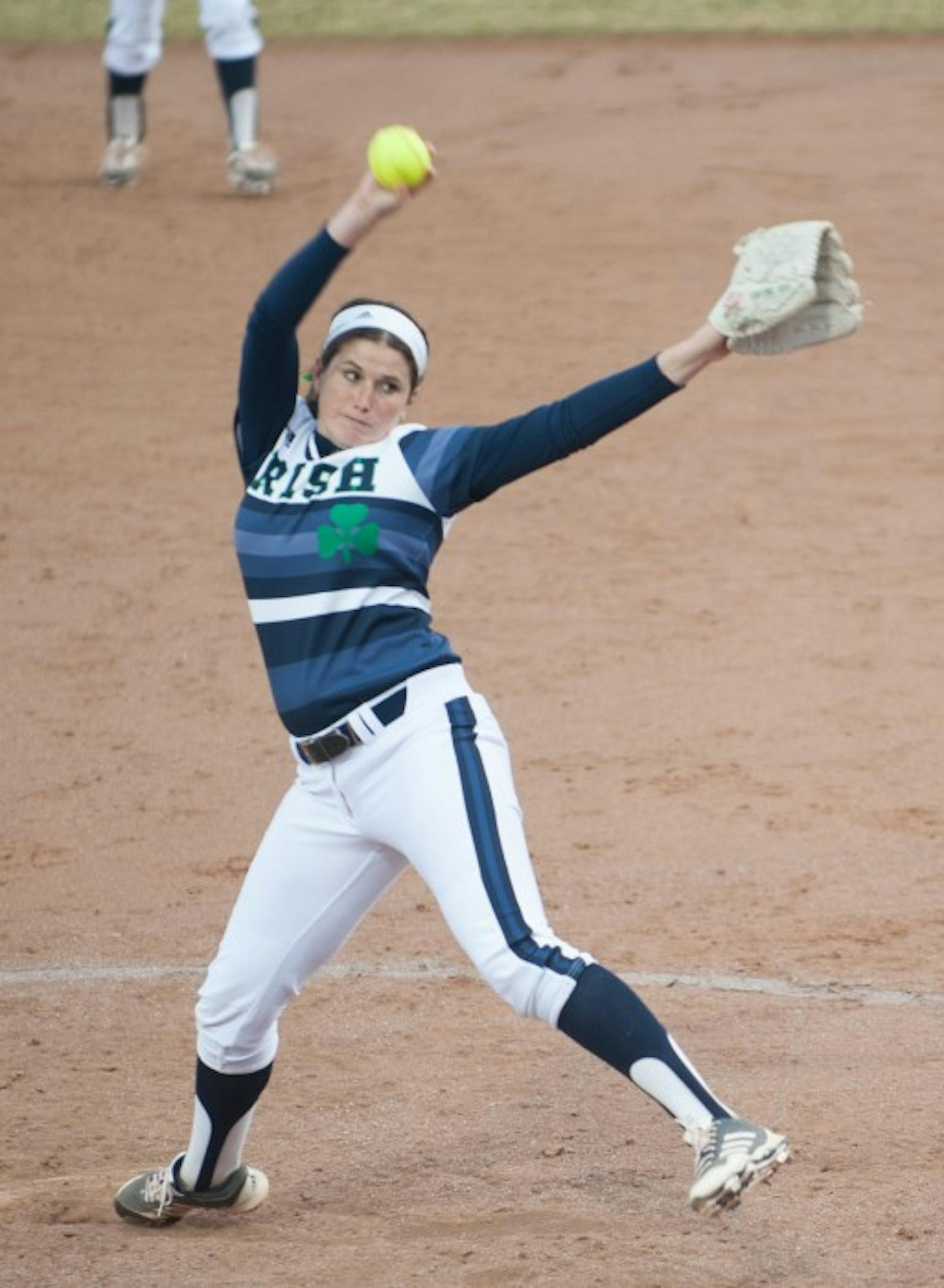 Sophomore Rachel Nasland winds up during a April 2 game against Michigan State, an 11-4 Irish victory at Melissa Cook Stadium.