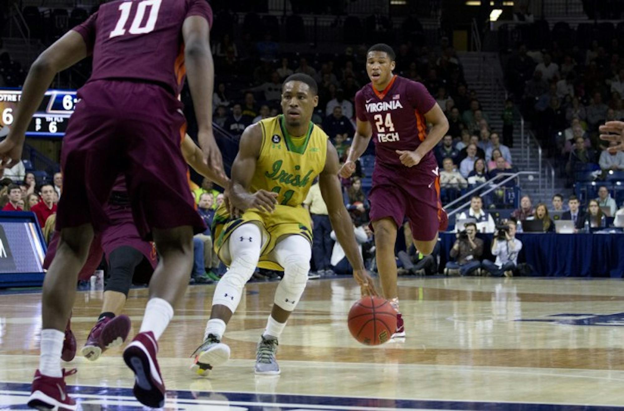 Former Irish guard Demetrius Jackson dribbles up the court during a 83-81 victory against Virginia Tech on Jan. 20. Jackson recently signed a rookie contract with the Boston Celtics.