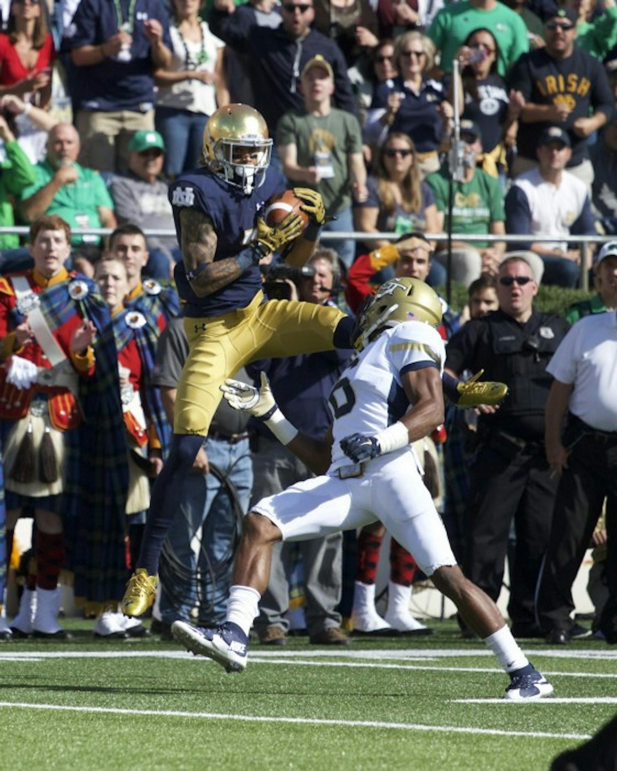 Irish junior receiver Will Fuller hauls in a 46-yard touchdown pass from sophomore quarterback DeShone Kizer in the first quarter of Notre Dame’s 30-22 win over Georgia Tech. With his performance Saturday, Fuller topped the 100-yard mark for the third time in as many games this year, and sits fifth nationally with 397 receiving yards on the season.