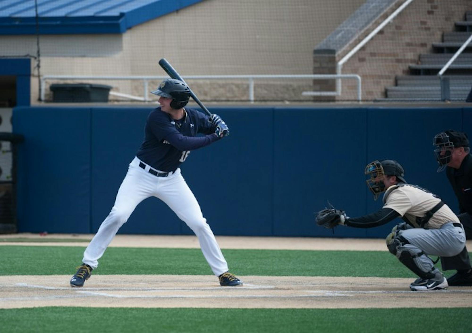 Senior first baseman Zak Kutsulis waits for a pitch during Notre Dame’s 10-2 win over Wake Forest at Frank Eck Stadium on Sunday. Kutsulis scored twice on a hit and a walk in the game.