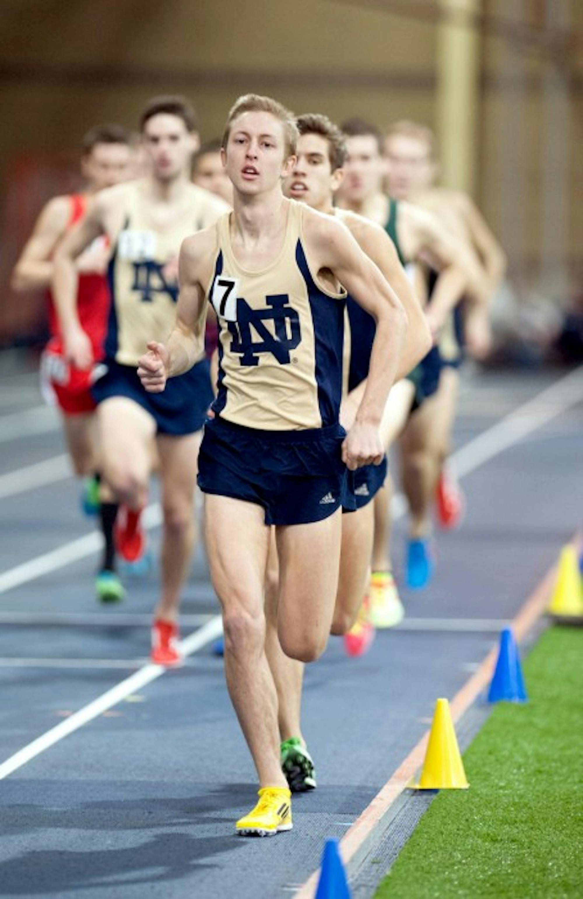 Irish graduate student Nick Happe leads the field during the Notre Dame Invitational on Jan. 25. Happe ran the Meyo Mile in under four minutes at the Meyo Invitational on Feb. 8.