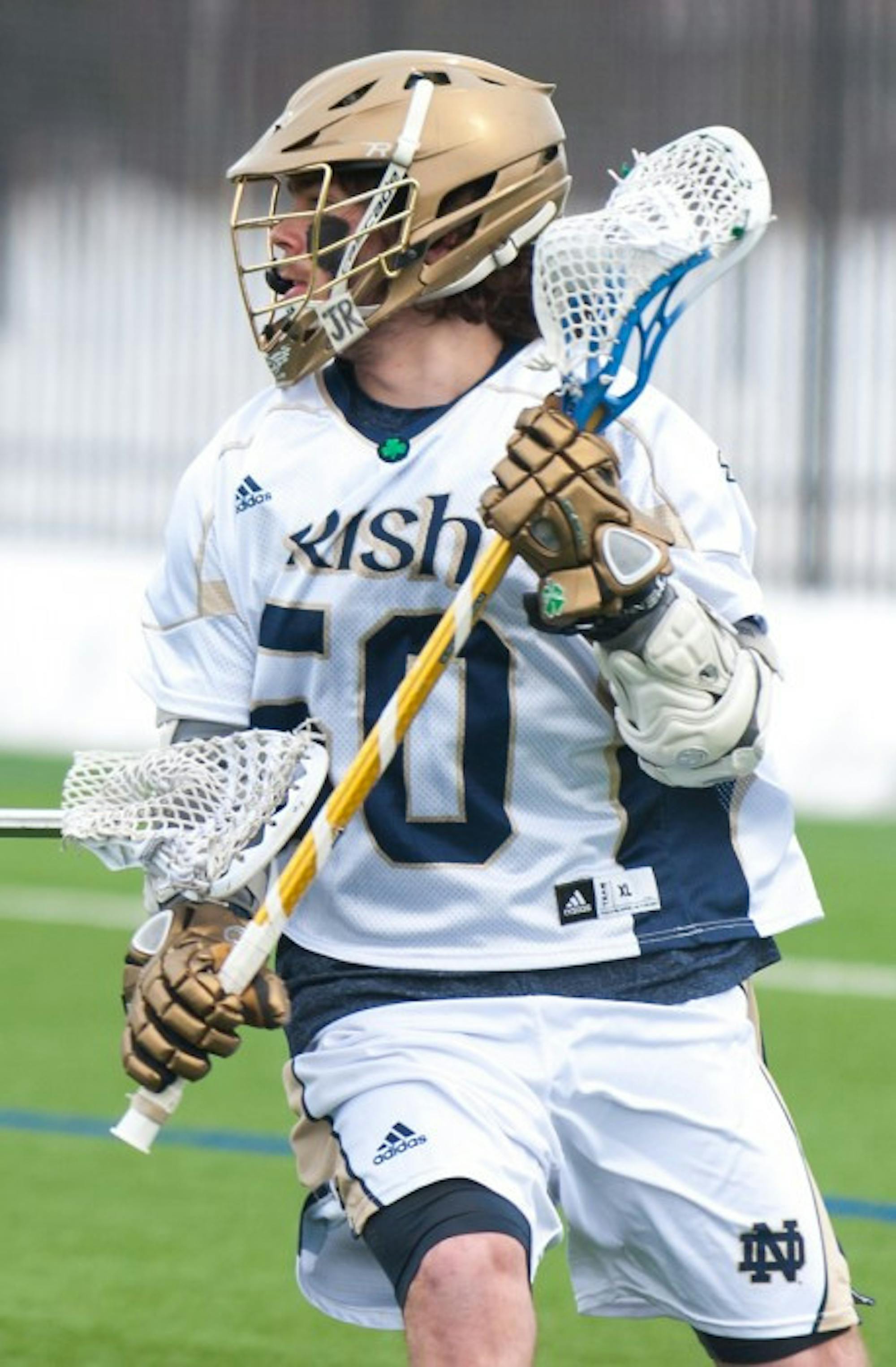 Irish sophomore attack Matt Kavanagh carries the ball during Notre Dame's 8-7 loss to Penn State at Arlotta Fields on Saturday. Kavanagh had three goals and two assists in the loss.
