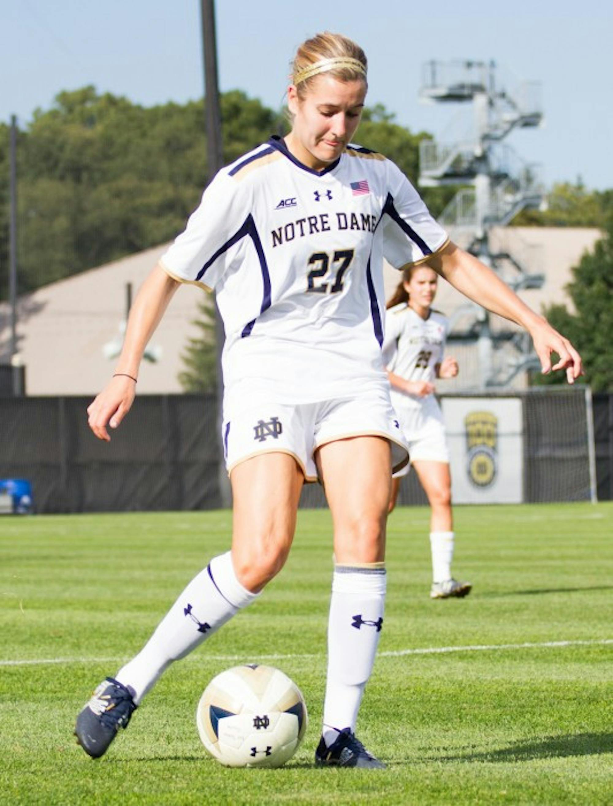Irish senior Kaleigh Olmsted dribbles the ball during Notre Dame's 1-0 victory over Missouri on Sept. 4 at Alumni Stadium.