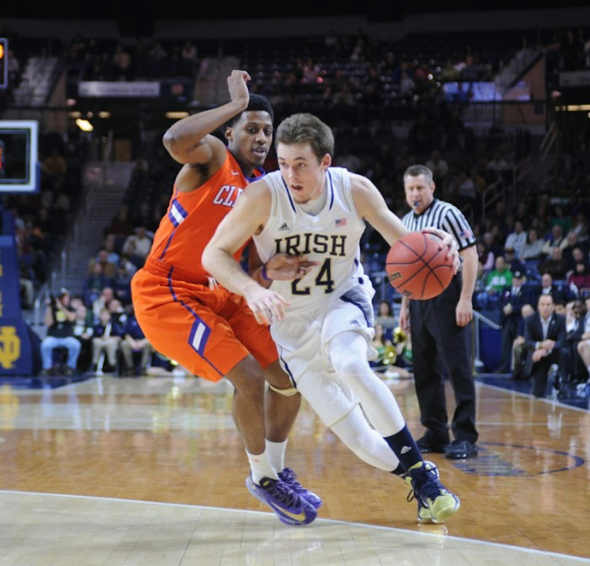 Irish junior Pat Cannaughton attacks the basket during Notre Dame's 68-64 double overtime victory over Clemson on Tuesday.