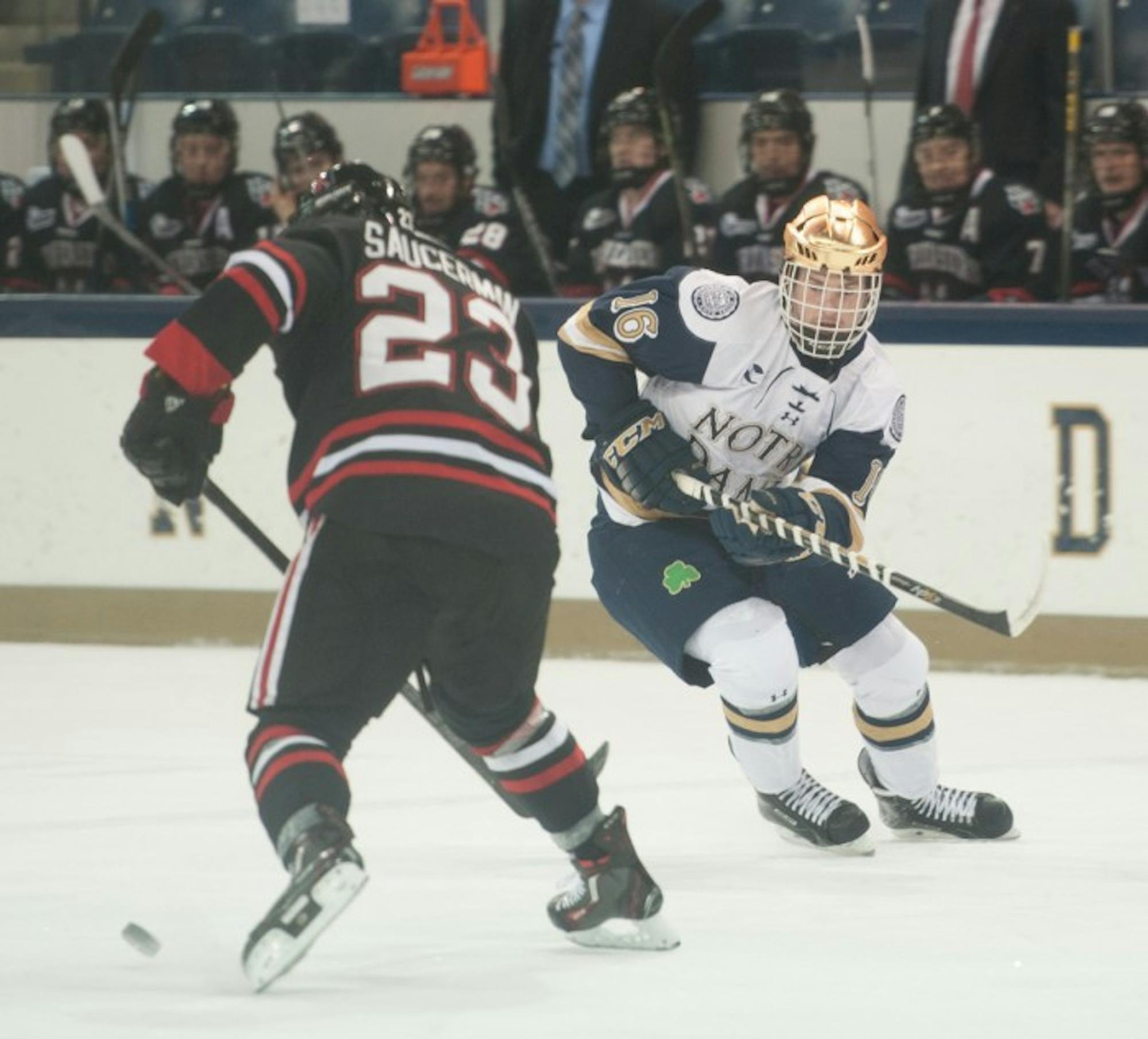 Irish sophomore center Connor Hurley looks to attack the puck during Notre Dame’s 3-2 win over  Northeastern on Thursday at Compton Family Ice Arena. Hurley scored one goal in Friday’s 2-2 tie.