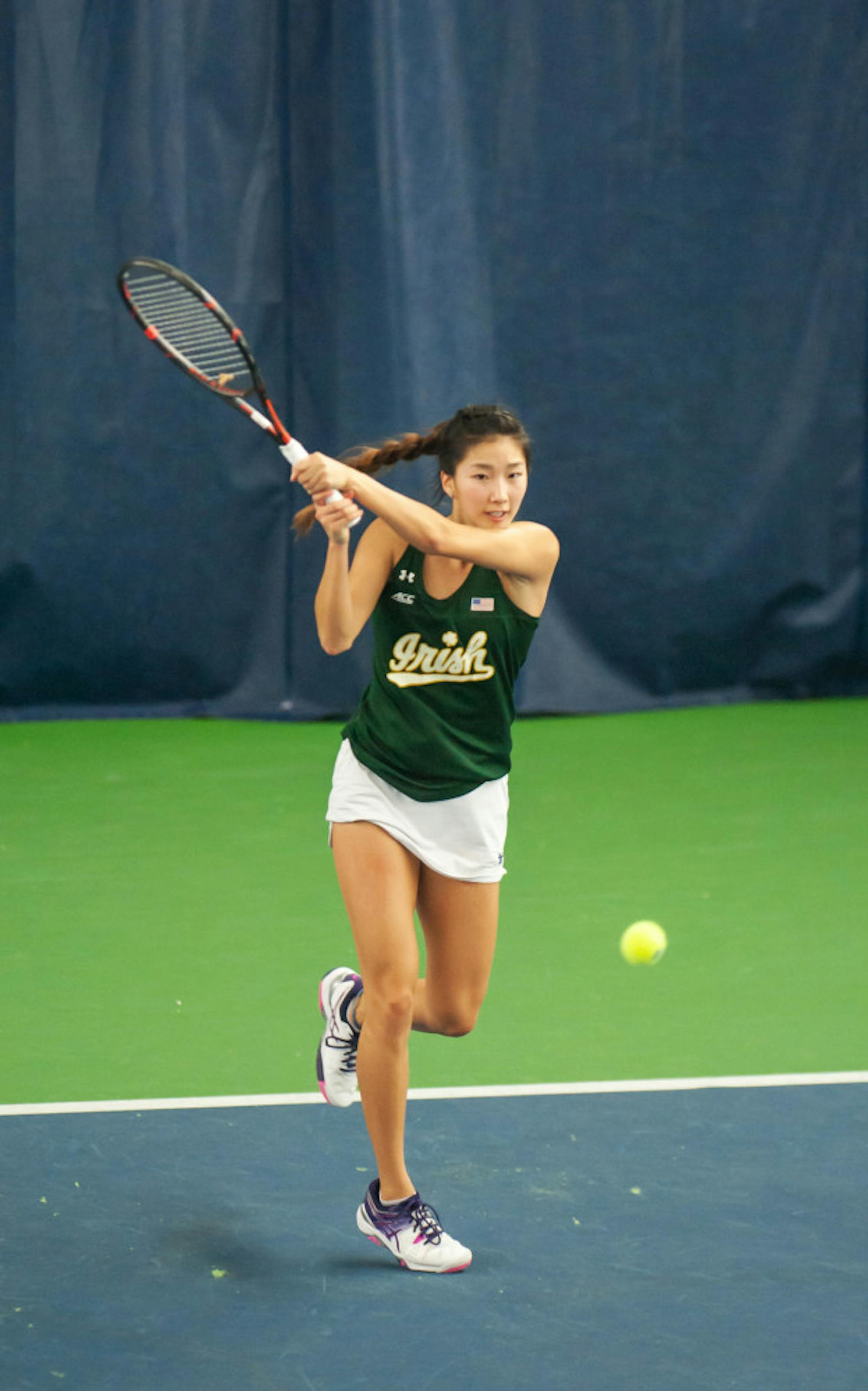 Notre Dame sophomore Rachel Chong follows through on a hit during a 5-2 Irish victory over Purdue at Eck Tennis Center.