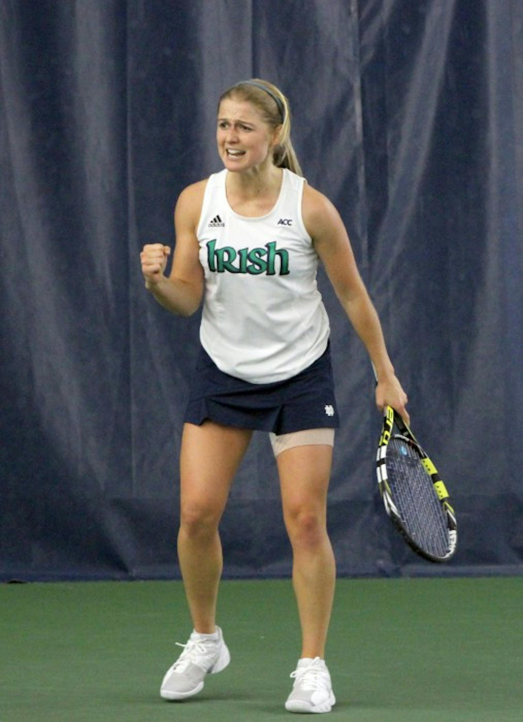 Irish sophomore Monica Robinson reacts after a shot during Notre Dame’s 4-3 win over Indiana on Feb. 2 at Eck Tennis Center.