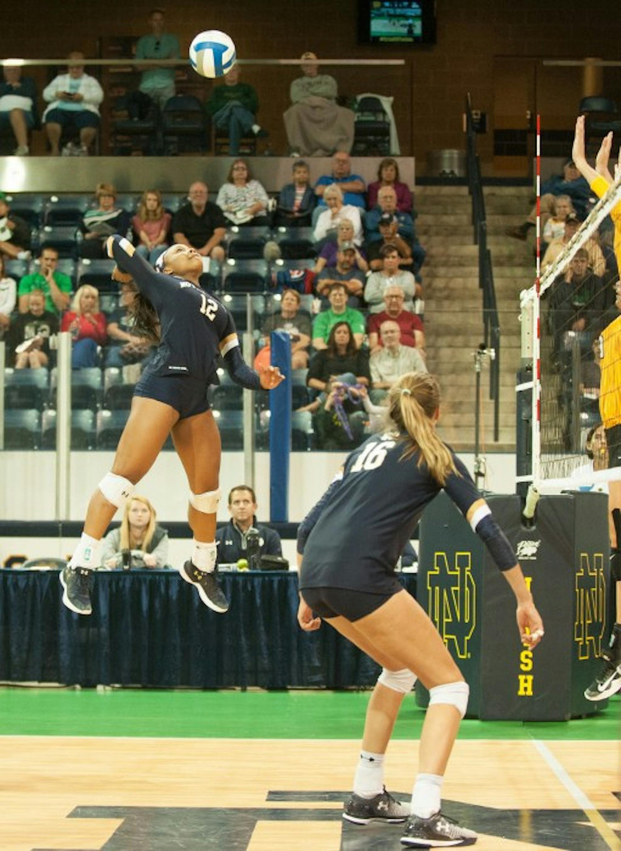 Irish sophomore outside hitter Jemma Yeadon goes up for a hit during Notre Dame's 3-1 win over Valparaiso on Friday.