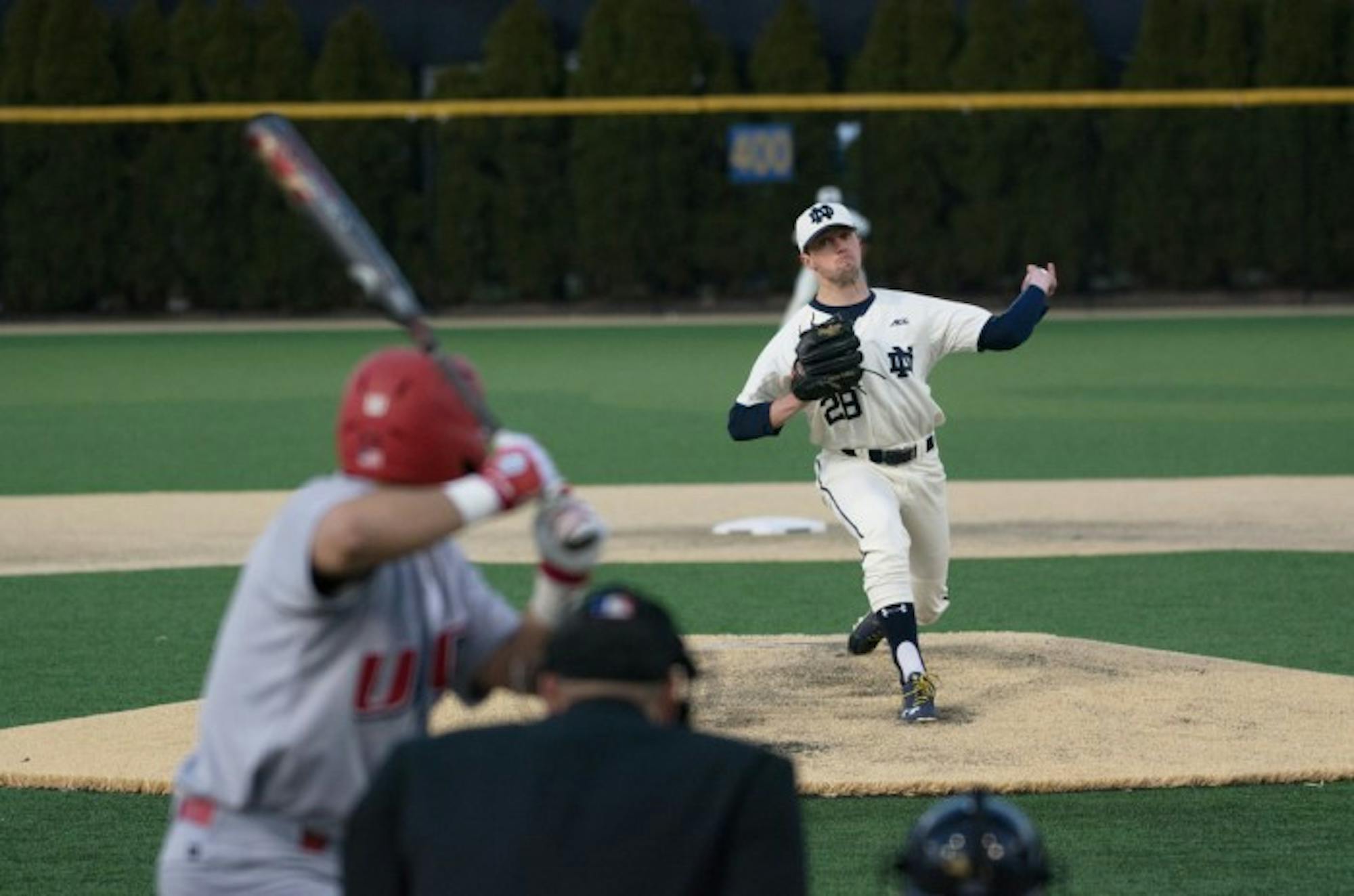 Irish senior left-hander Michael Hearne fires a pitch during Notre Dame's 9-5 win over UIC on March 22 at Frank Eck Stadium. Notre Dame has won every game Hearne has started this season.