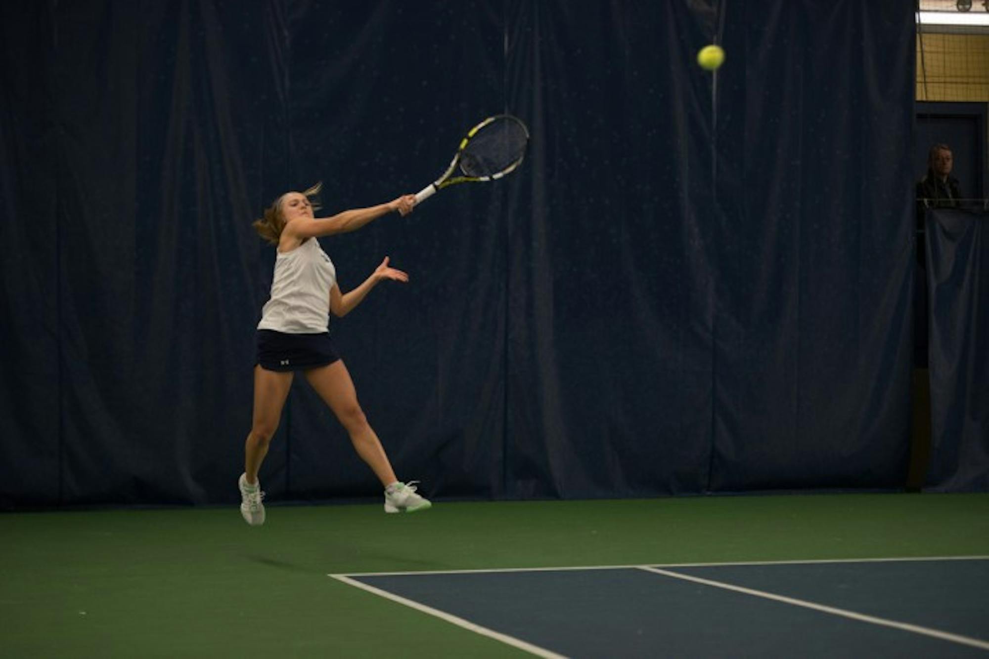 Irish sophomore Monica Robinson hits a forehand during Notre Dame’s 6-1 loss to Stanford on Feb. 6 at Eck Tennis Pavilion.