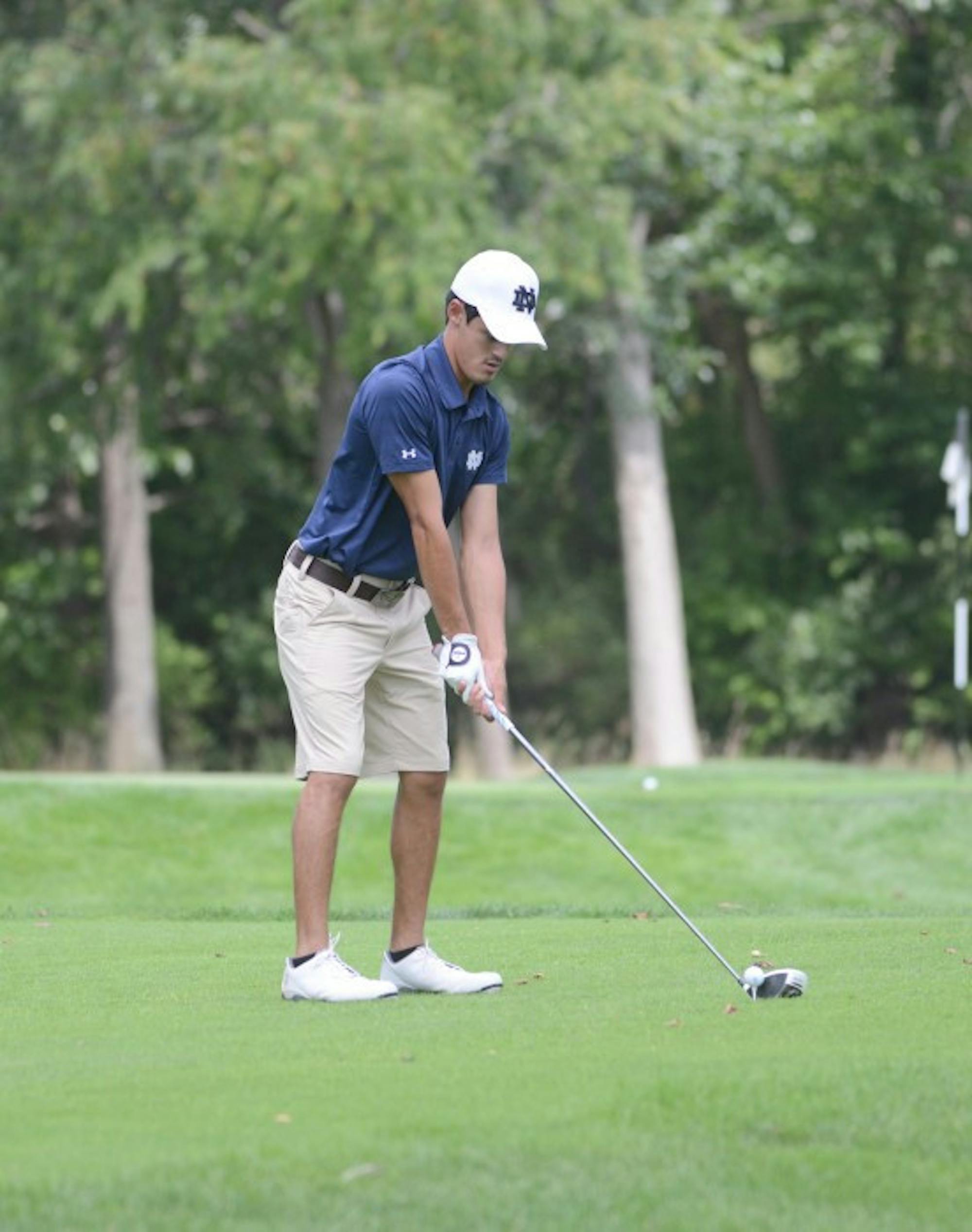 Irish sophomore Matthew Rushton prepares to tee off during the Notre Dame Kickoff Challenge at Warren Golf Course on Aug. 31.