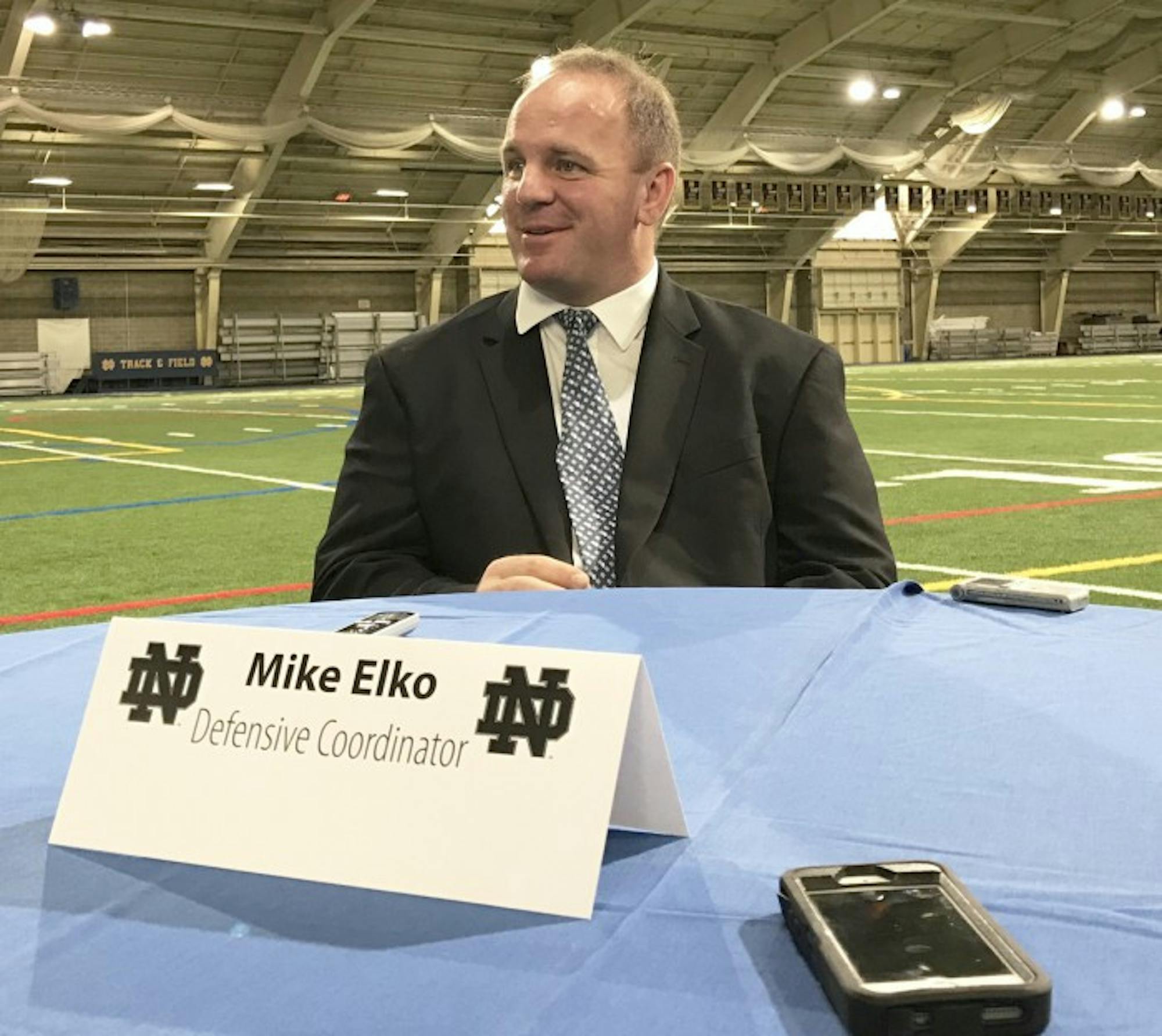 Mike Elko speaks to the media after being introduced as Notre Dame’s new defensive coordinator in Loftus Sports Complex on Jan. 30. Elko previously served as the defensive  coordinator at Wake Forest for three seasons from 2014-2016 before joining the Irish coaching staff. In 2016, his defense at Wake Forest ranked 20th nationally in scoring defense.