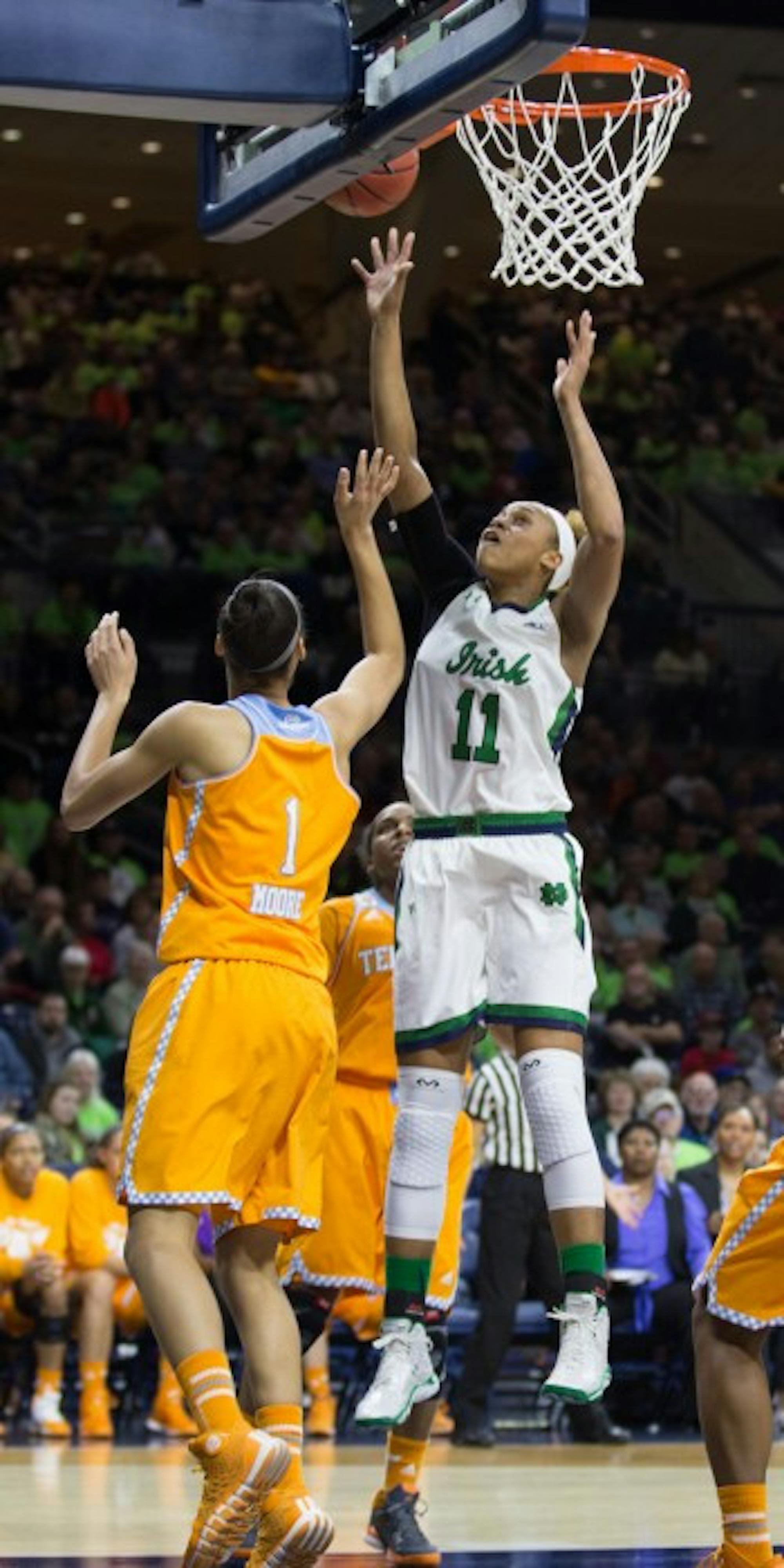 Irish freshman forward Brianna Turner lays a shot in during Notre Dame’s 88-77 win over Tennesse on Jan. 19 at Purcell Pavilion.