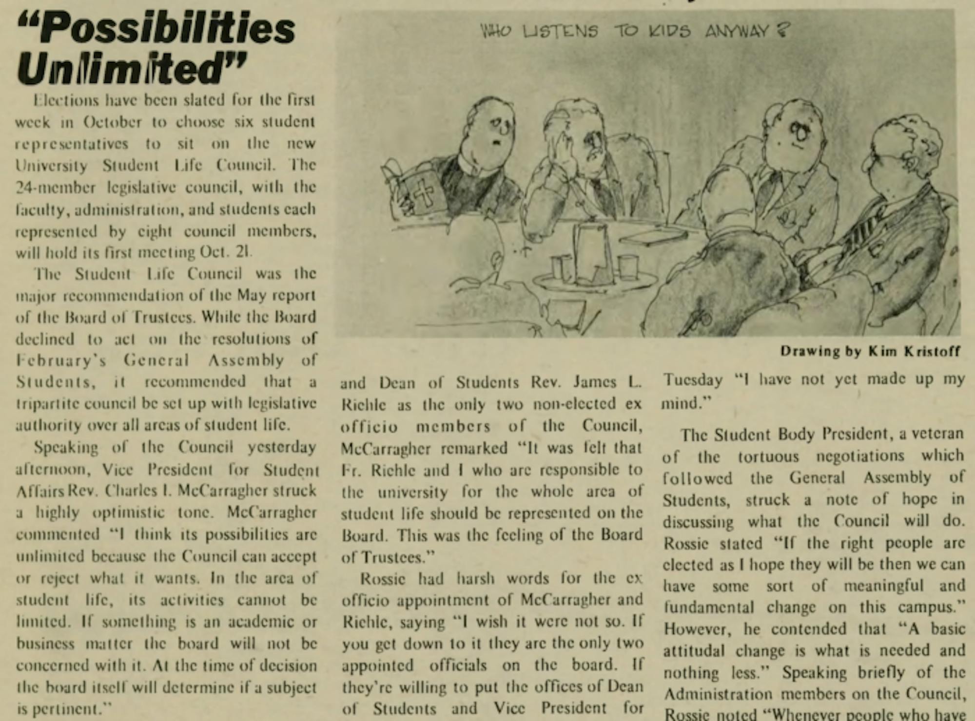 The Sep. 18, 1968 front page of The Observer discusses the formation of the Student Life Council and explores its motives with a comic.