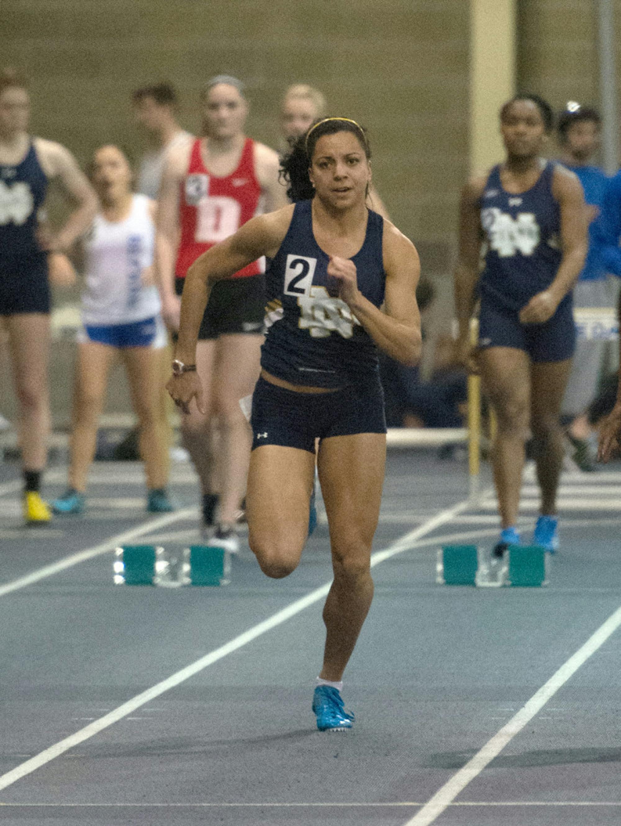 Irish senior Jade Barber competes in the 60-meter dash at the Blue & Gold Invitational on Dec. 5 at Loftus Sports Center. Barber took first place in the finals with a time of 7.59 seconds.