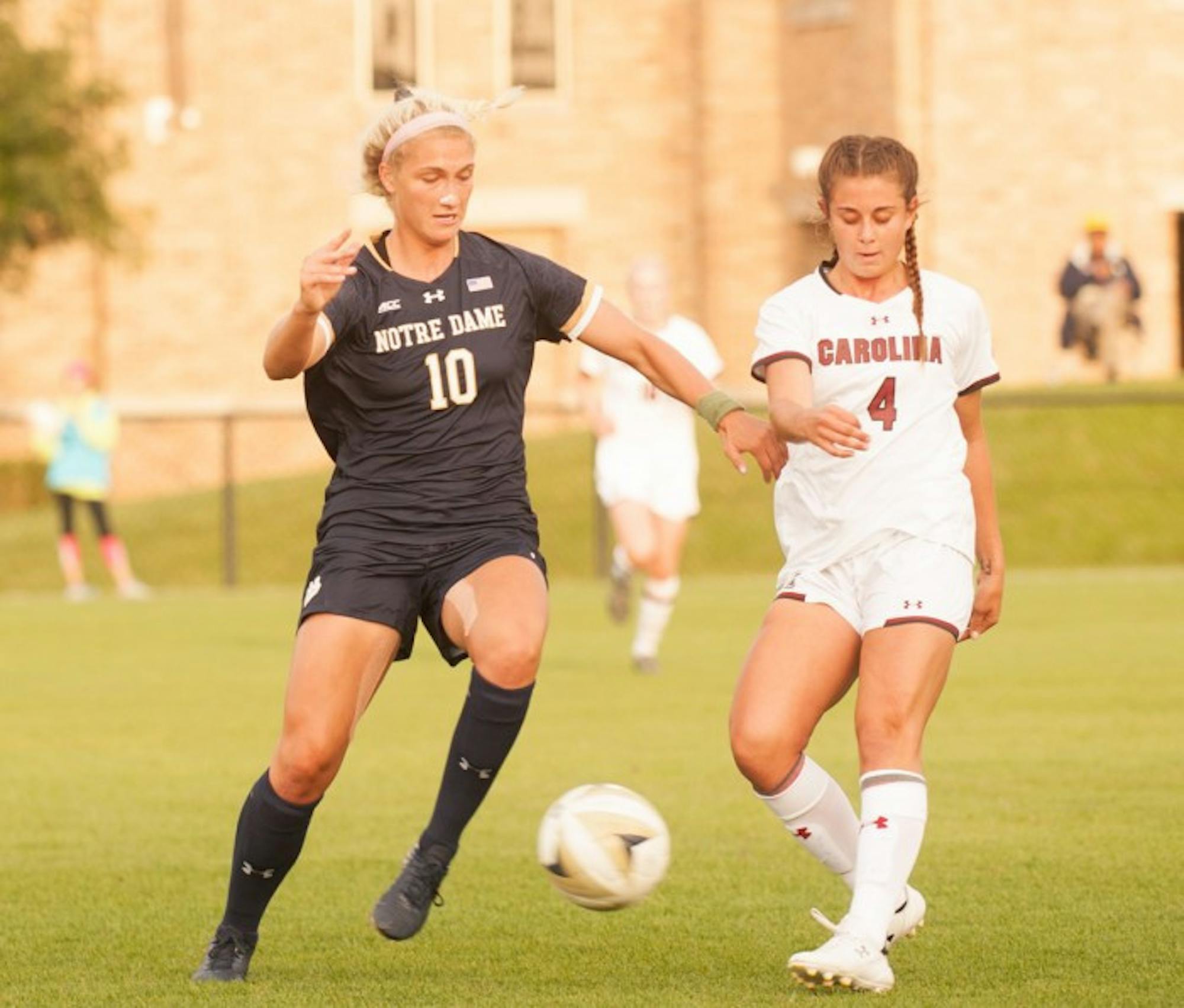 Irish sophomore forward Jennifer Westendorf dribbles around a defender during Notre Dame's 1-0 double-overtime loss to South Carolina on Sept. 1 at Alumni Stadium.