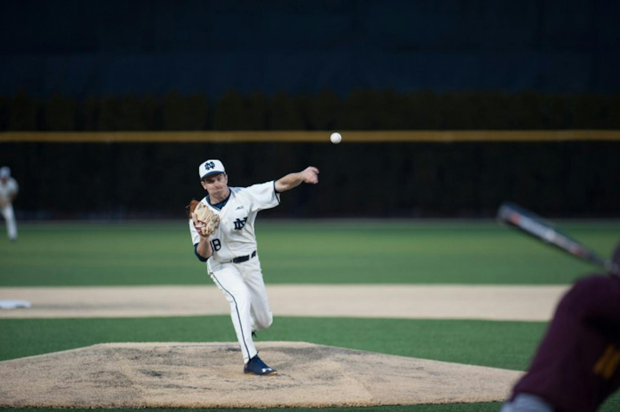 Irish sophomore pitcher Scott Tully delivers a pitch during Notre Dame’s 8-3 win over Central Michigan on March 18. Tully pitched 6 1/3 innings in Notre Dame’s 6-5 loss to Indiana yesterday.
