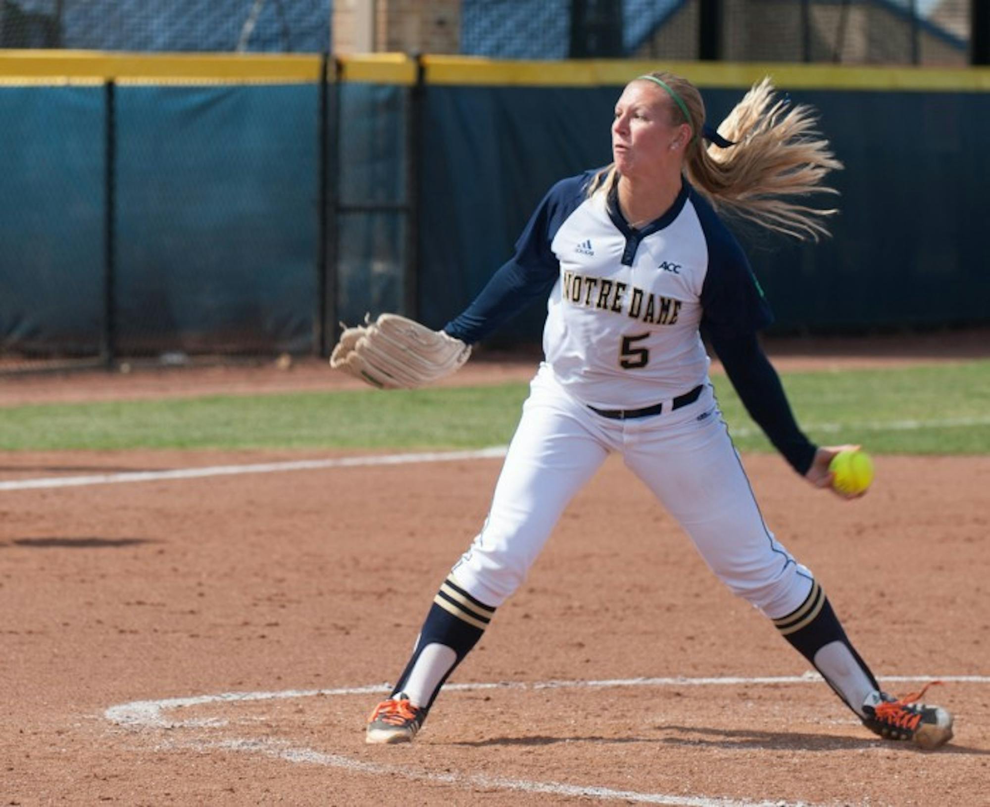 Irish sophomore pitcher Allie Rhodes hurls a pitch in a 12-4 win over Boston College on May 3 at Melissa Cook Stadium.