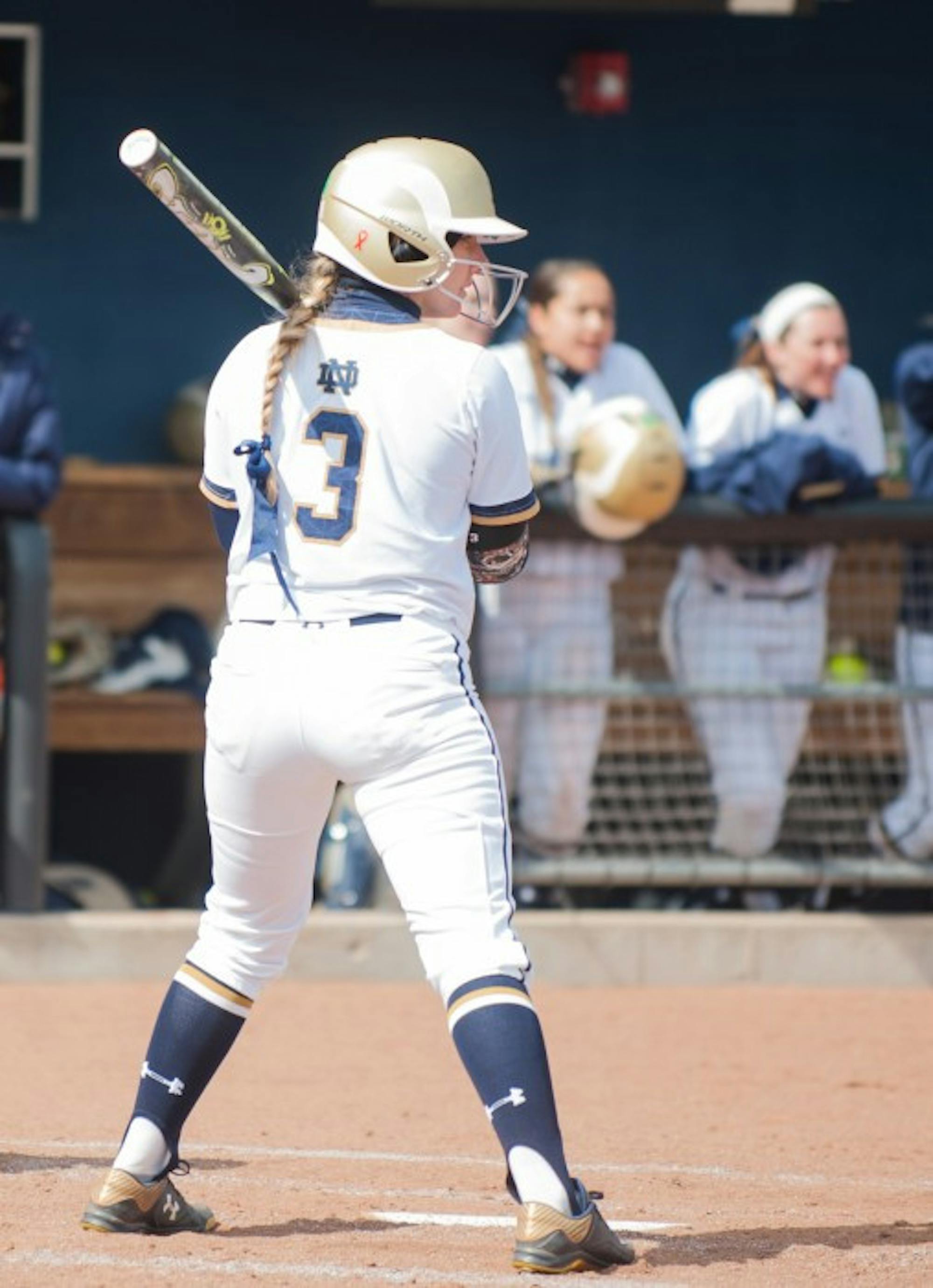 Irish senior outfielder Emilee Koerner waits for a pitch during Notre Dame’s doubleheader against Georgia Tech on March 21.