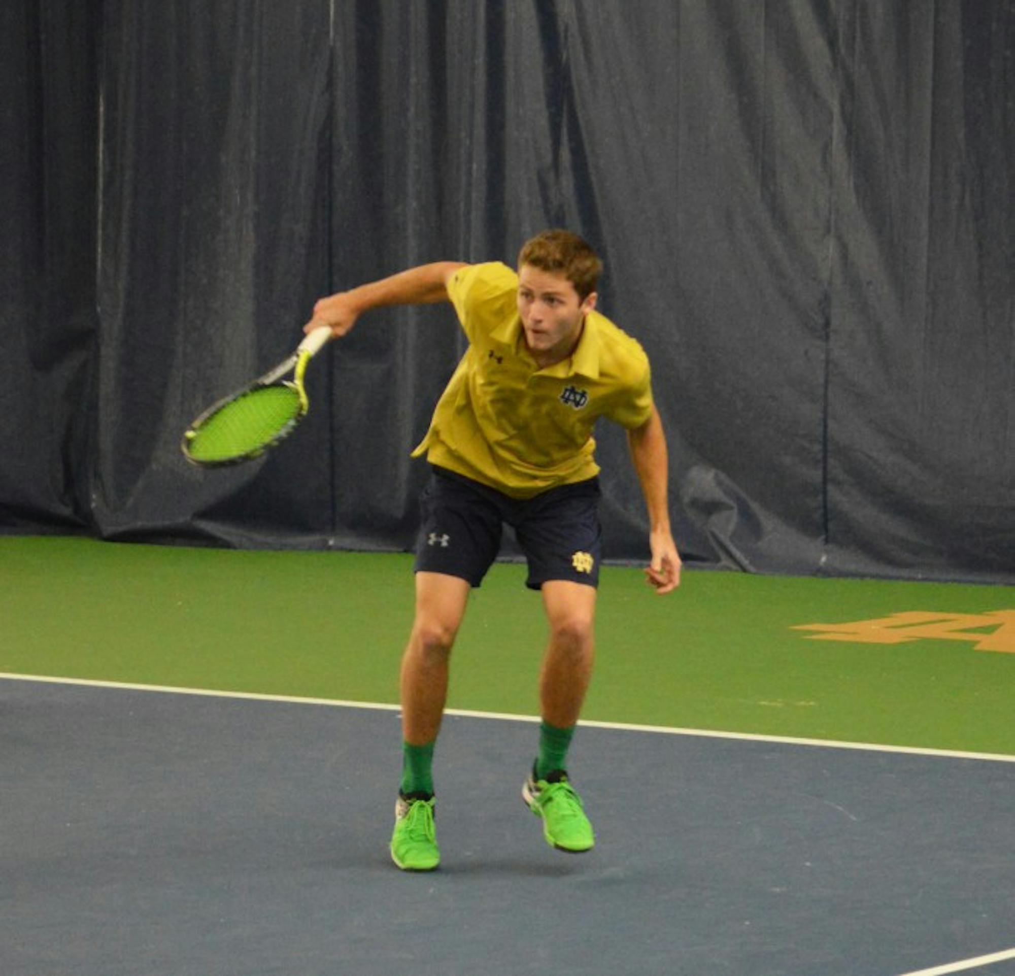 Irish senior Quentin Monaghan follows through on a forehand shot during Notre Dame’s 5-2 win over Duke on March 18.
