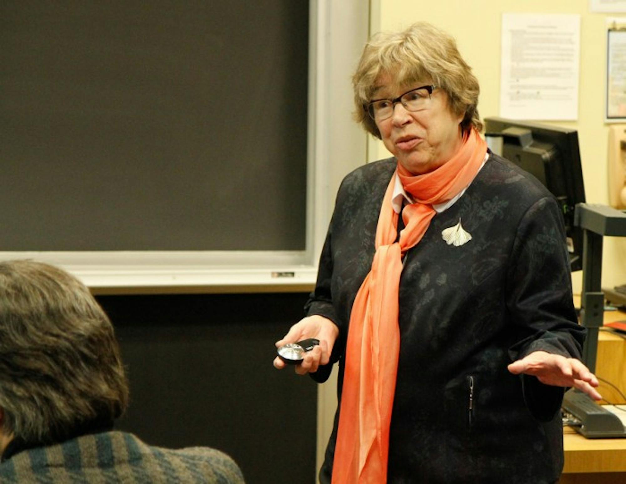 Zofia Golab-Meyer relates the Nazi persecution of academics in Poland during World War II in a lecture Monday night.